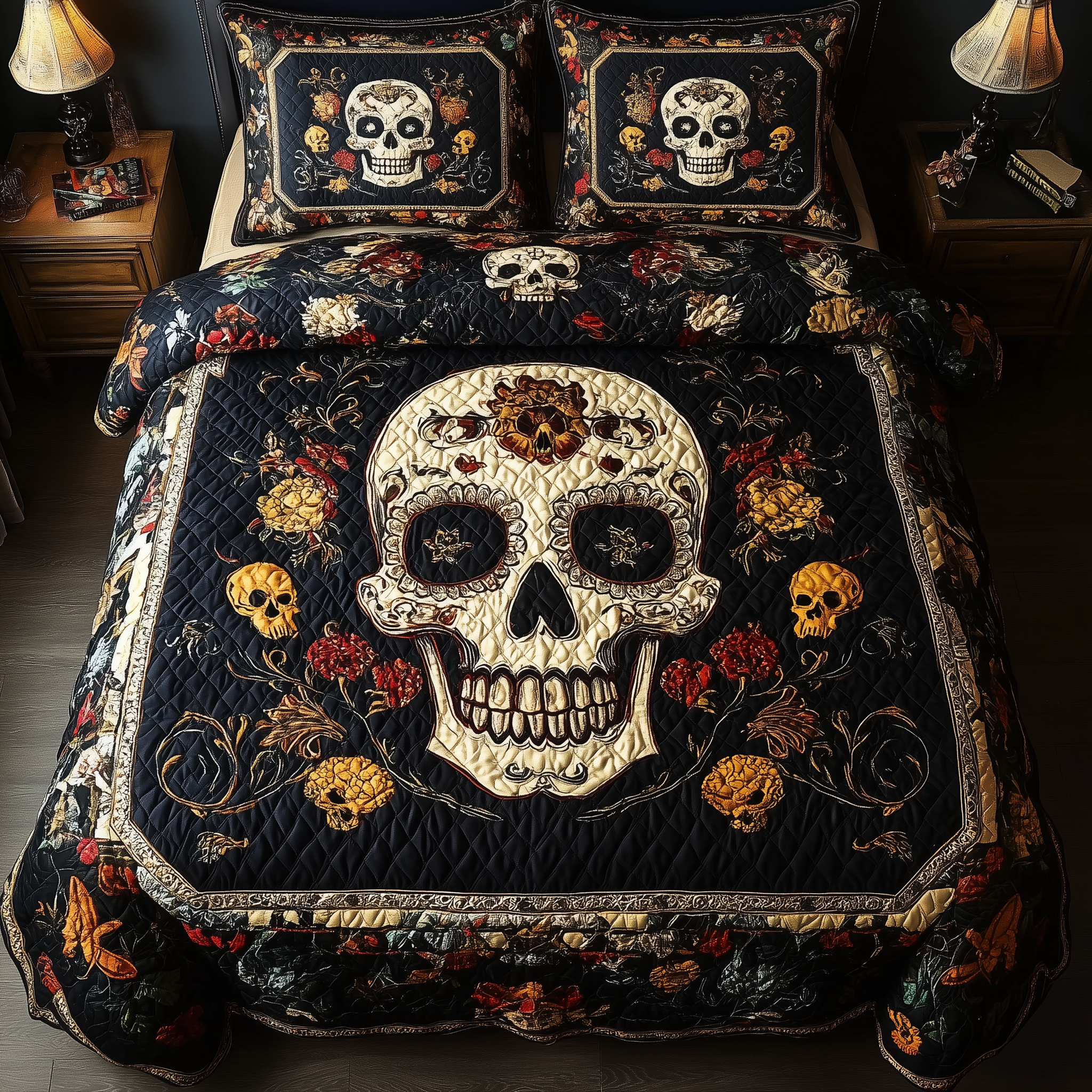 Vintage Bold Skull Quilted Bedding Set Best King Bed Sheets Unusual Skull Gifts