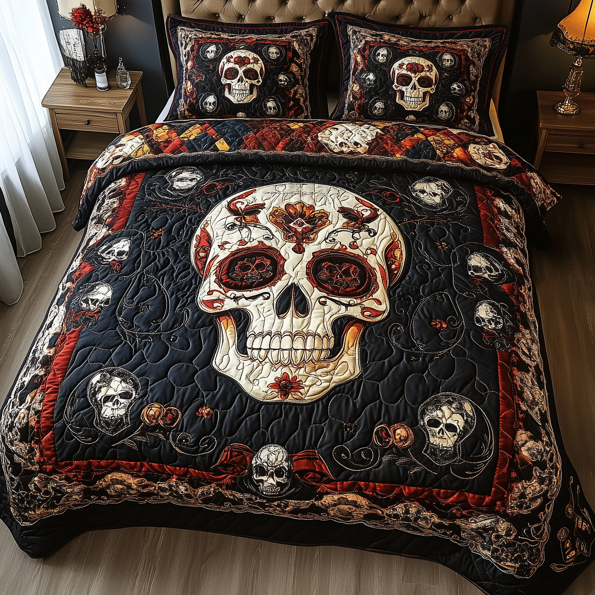 Vintage Bold Skull Quilted Bedding Set Best King Size Sheets Gifts With Skulls On Them