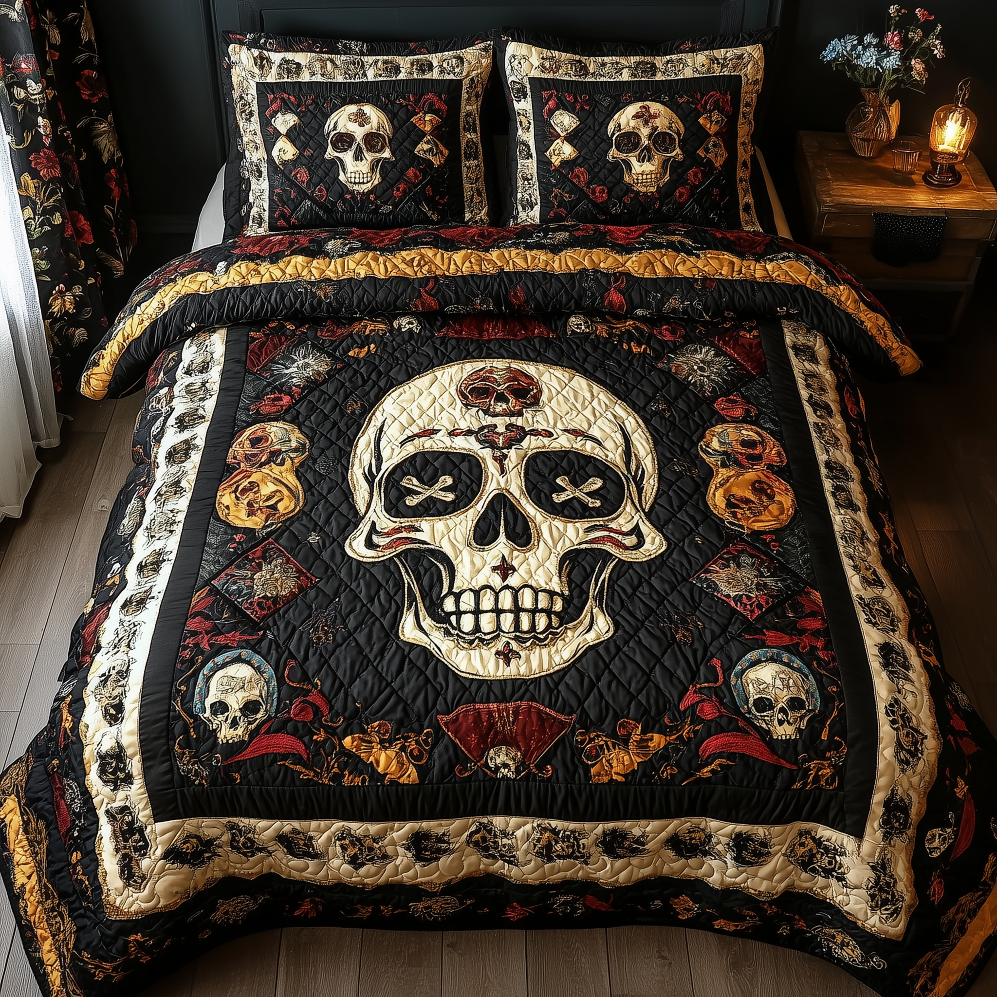 Vintage Bold Skull Quilted Bedding Set Good Bed Sets Skull Related Gifts