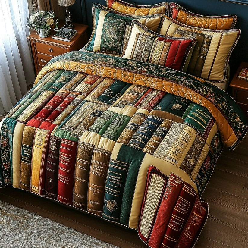 Vintage Books Quilted Bedding Set Holiday Duvet Cover Set Christmas Gifts For Book Lovers