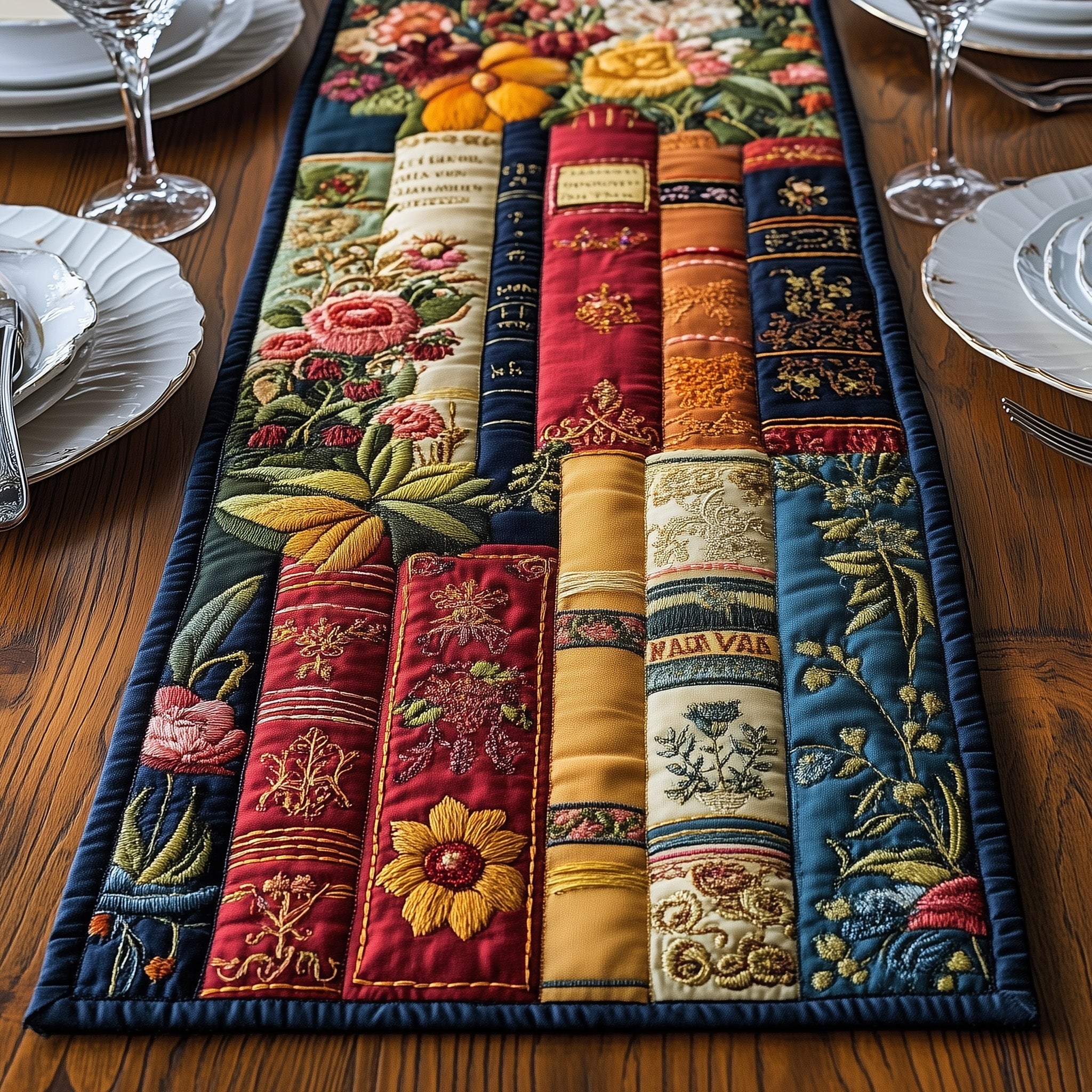 Vintage Books Quilted Table Runner Boho Macrame Table Runner Book Lovers Gifts Mother's Day