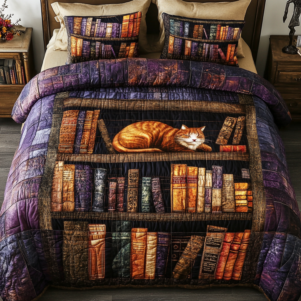 Vintage Cat Bookshelf Quilted Bedding Set Bed Bedding Set Book Lovers Gifts For Boyfriend