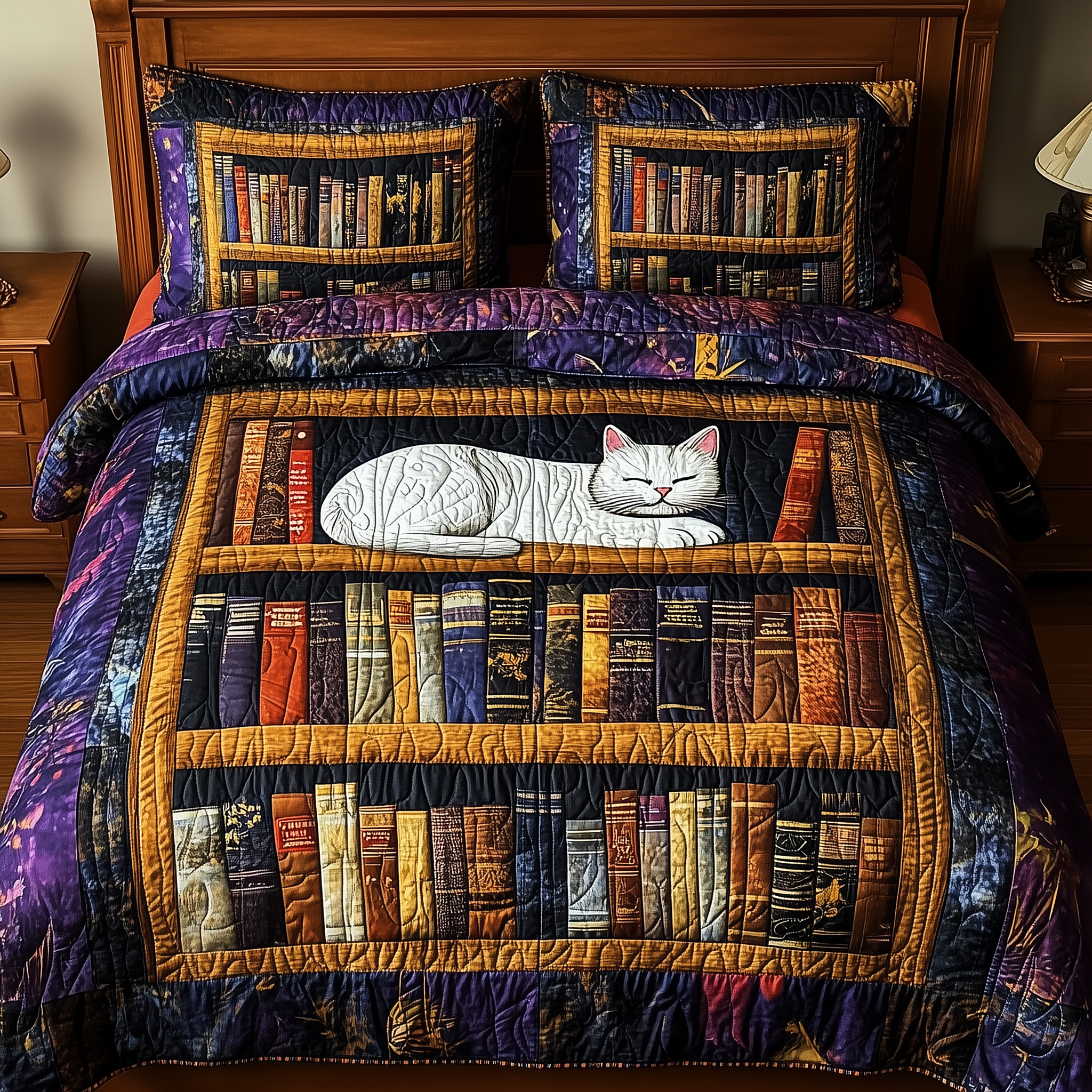 Vintage Cat Bookshelf Quilted Bedding Set Bed Room Art Book Lovers Gifts For Sisters