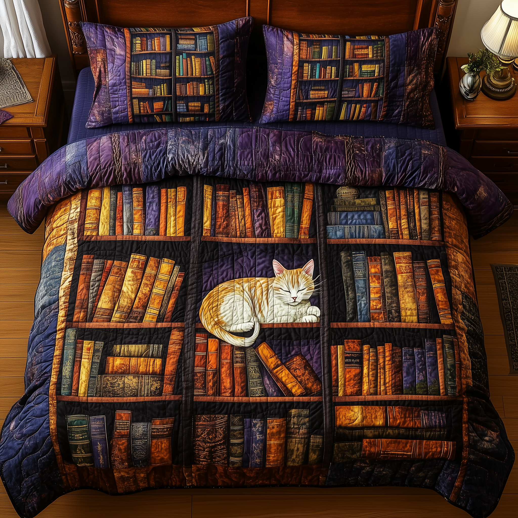 Vintage Cat Bookshelf Quilted Bedding Set Bedroom Ideas Book Lovers Gifts For Mom
