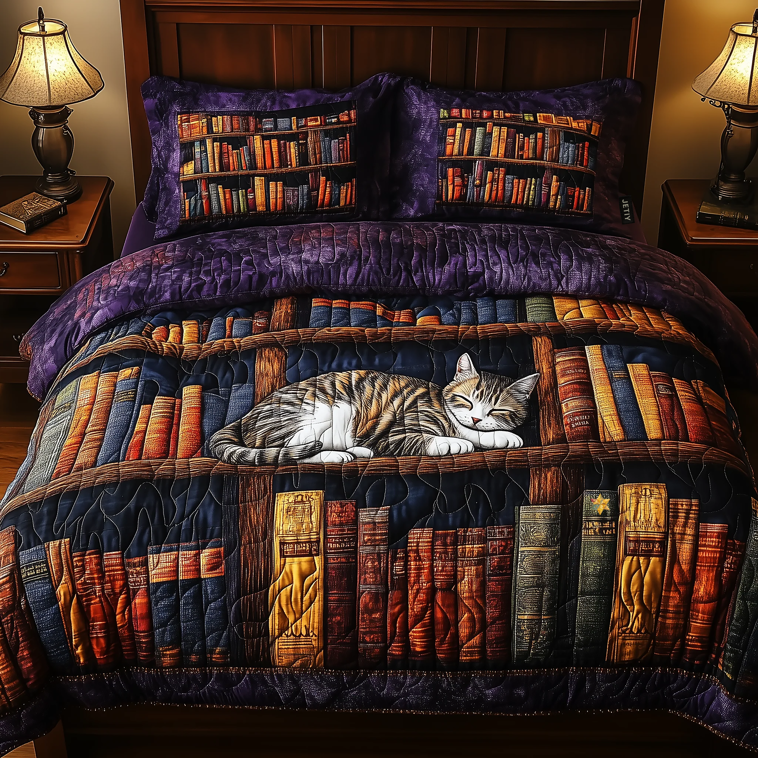 Vintage Cat Bookshelf Quilted Bedding Set Comforter And Sheet Sets Gifts For Book Lovers Friends