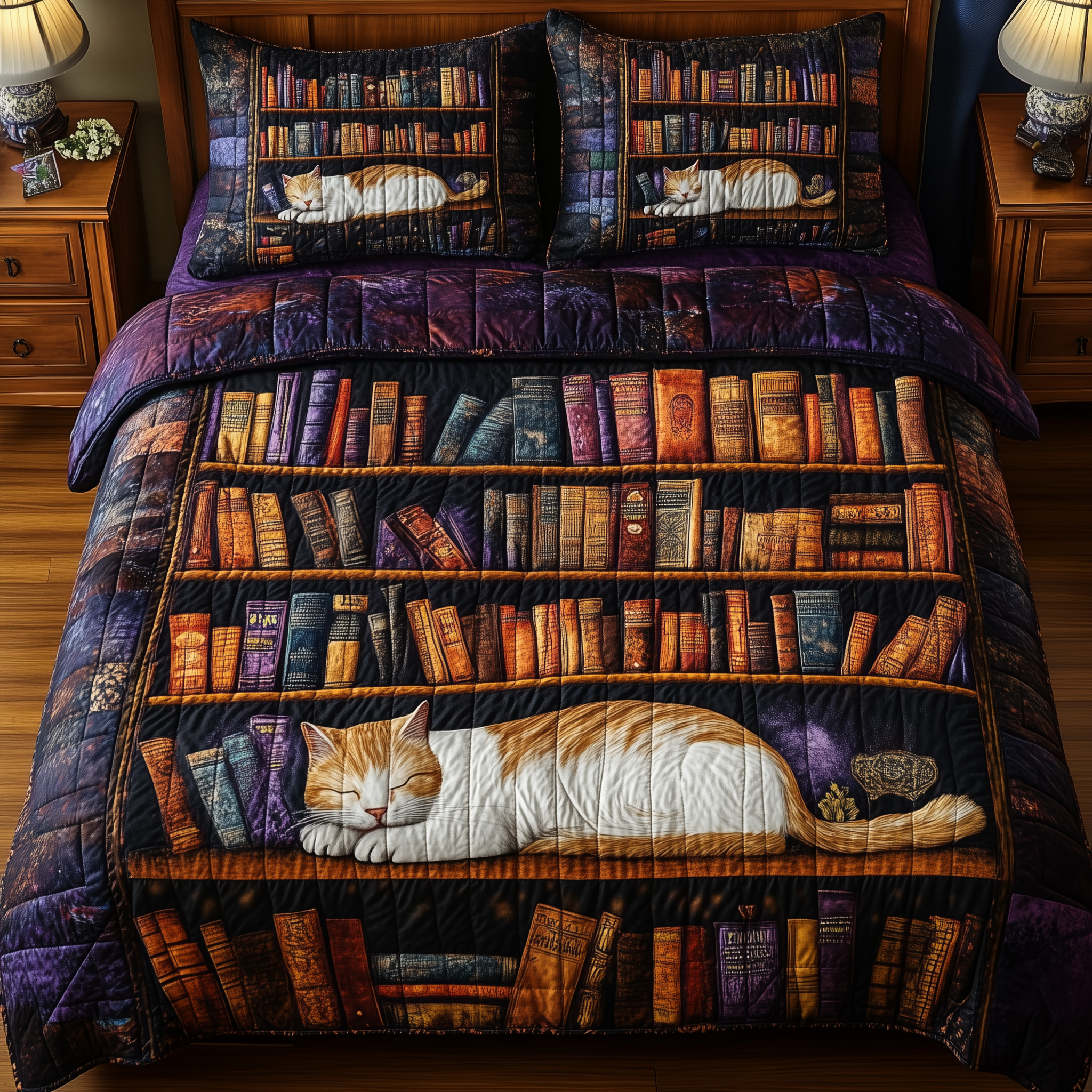 Vintage Cat Bookshelf Quilted Bedding Set Nice Bedding Sets Book Lover Gifts For Girlfriend