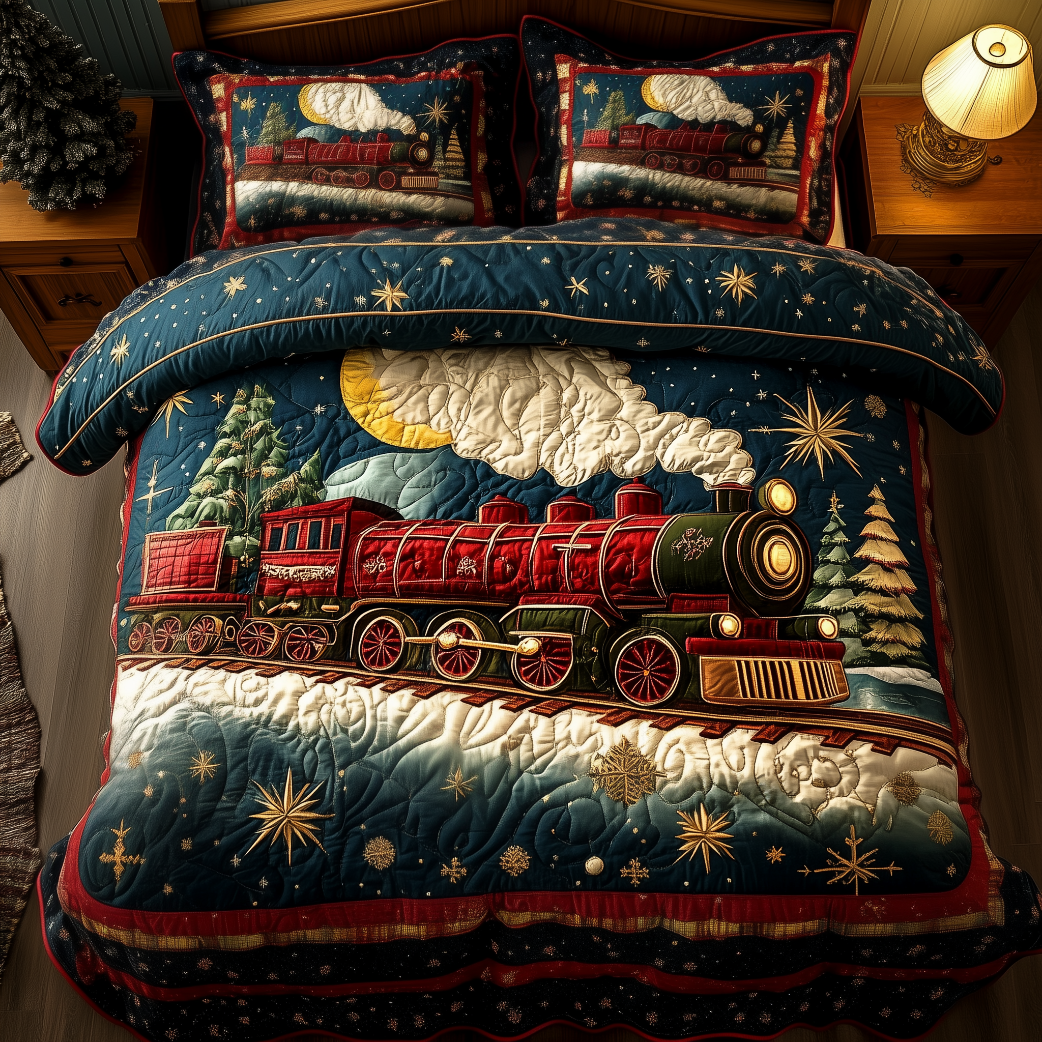 Vintage Christmas Train to Wonderland Quilted Bedding Set Christmas Duvet Cover Set Train Gifts For Adults