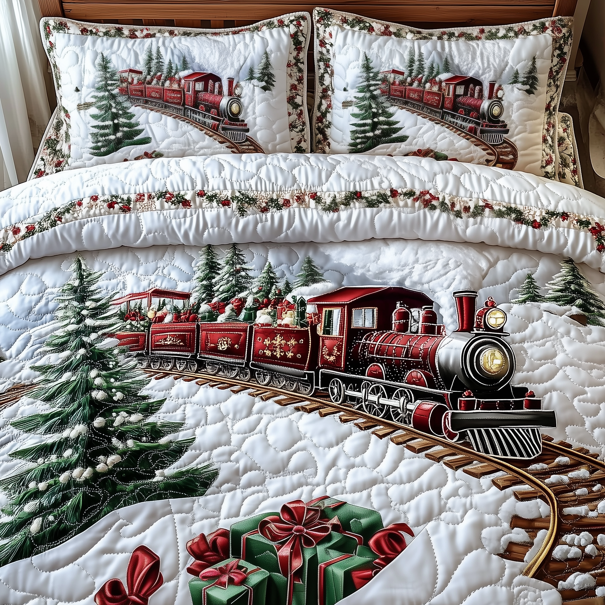 Vintage Christmas Train to Wonderland Quilted Bedding Set Xmas Duvet Sets Gifts For Train Lovers