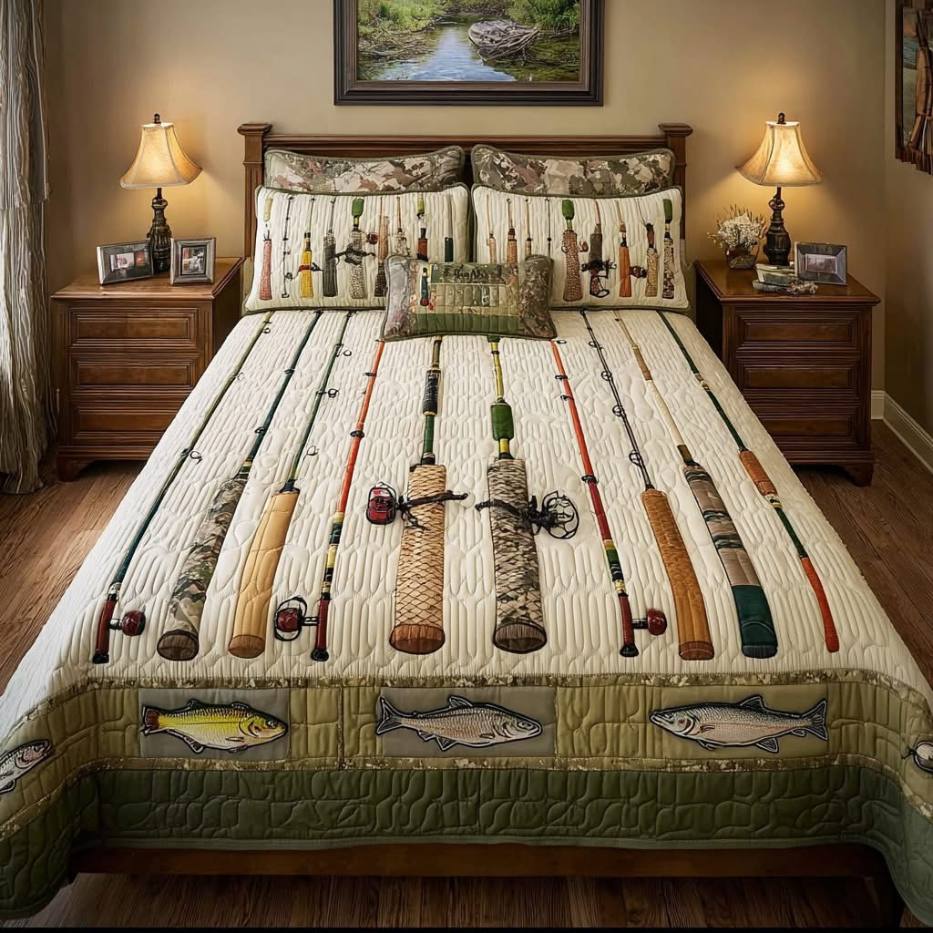 Vintage Fishing Tackle Quilted Bedding Set Unique Bed Sheet Set Best Gifts For Fisherman