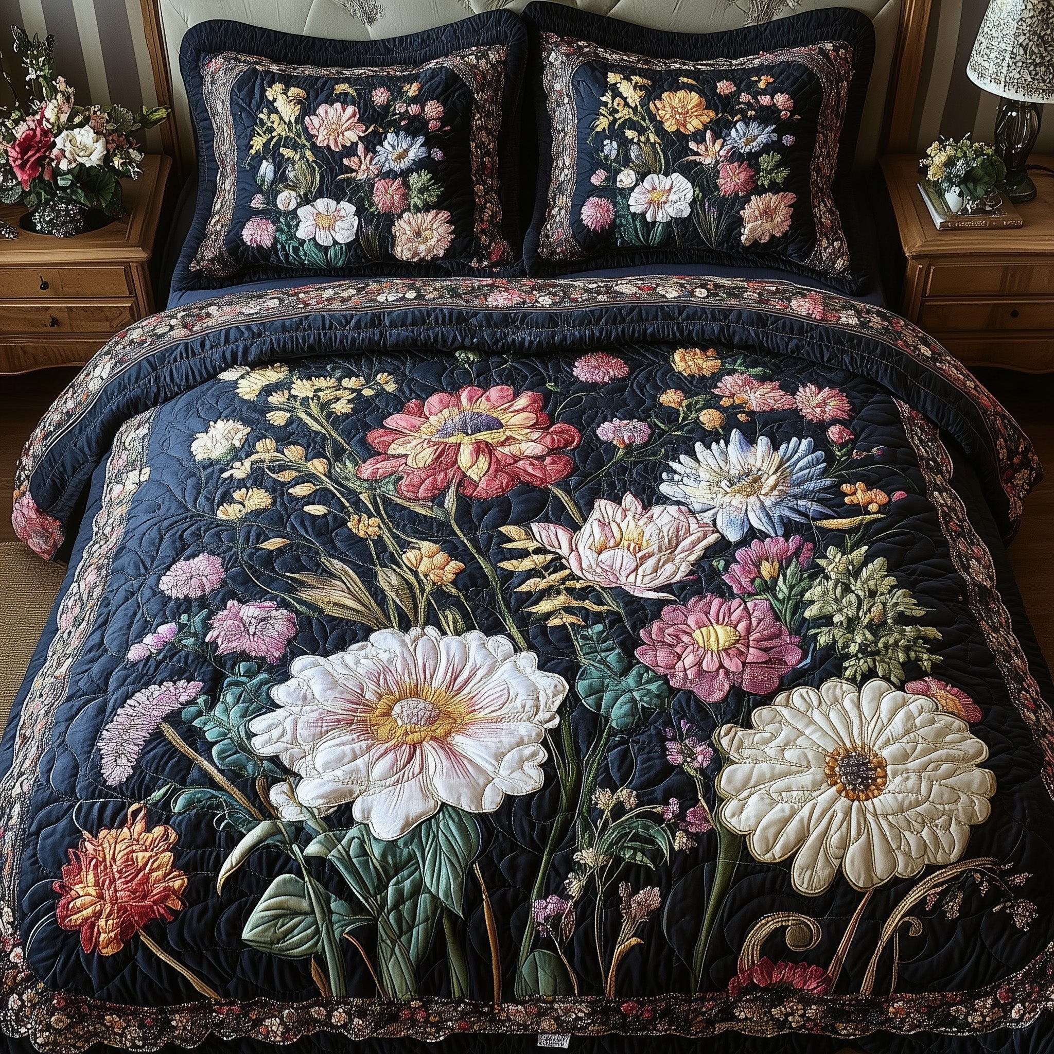 Vintage Flowers Quilted Bedding Set Unique Bed Sheet Set Simple Mother's Day Gifts