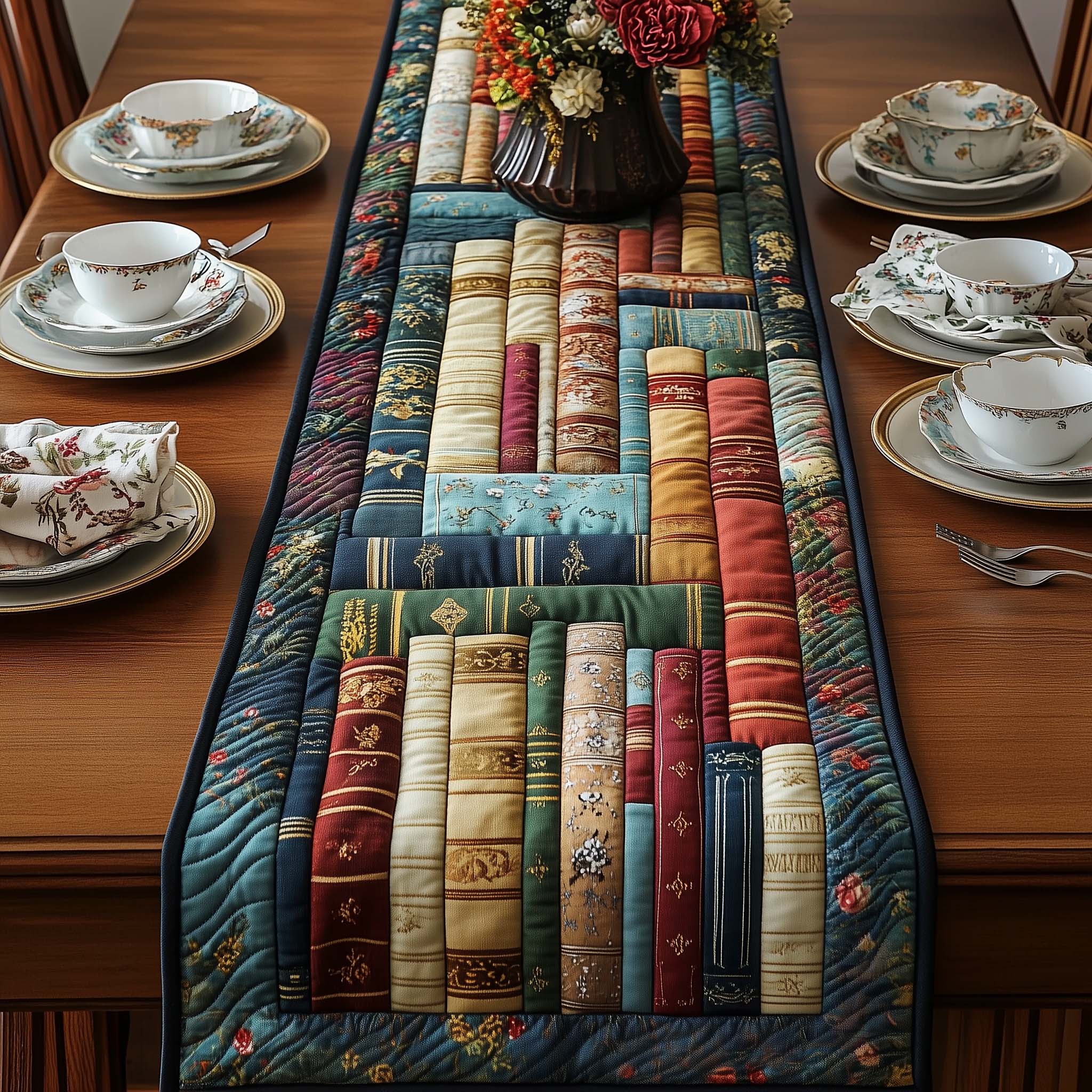 Vintage Library Quilted Table Runner Dining Table Runner Great Book Lover Gift Ideas