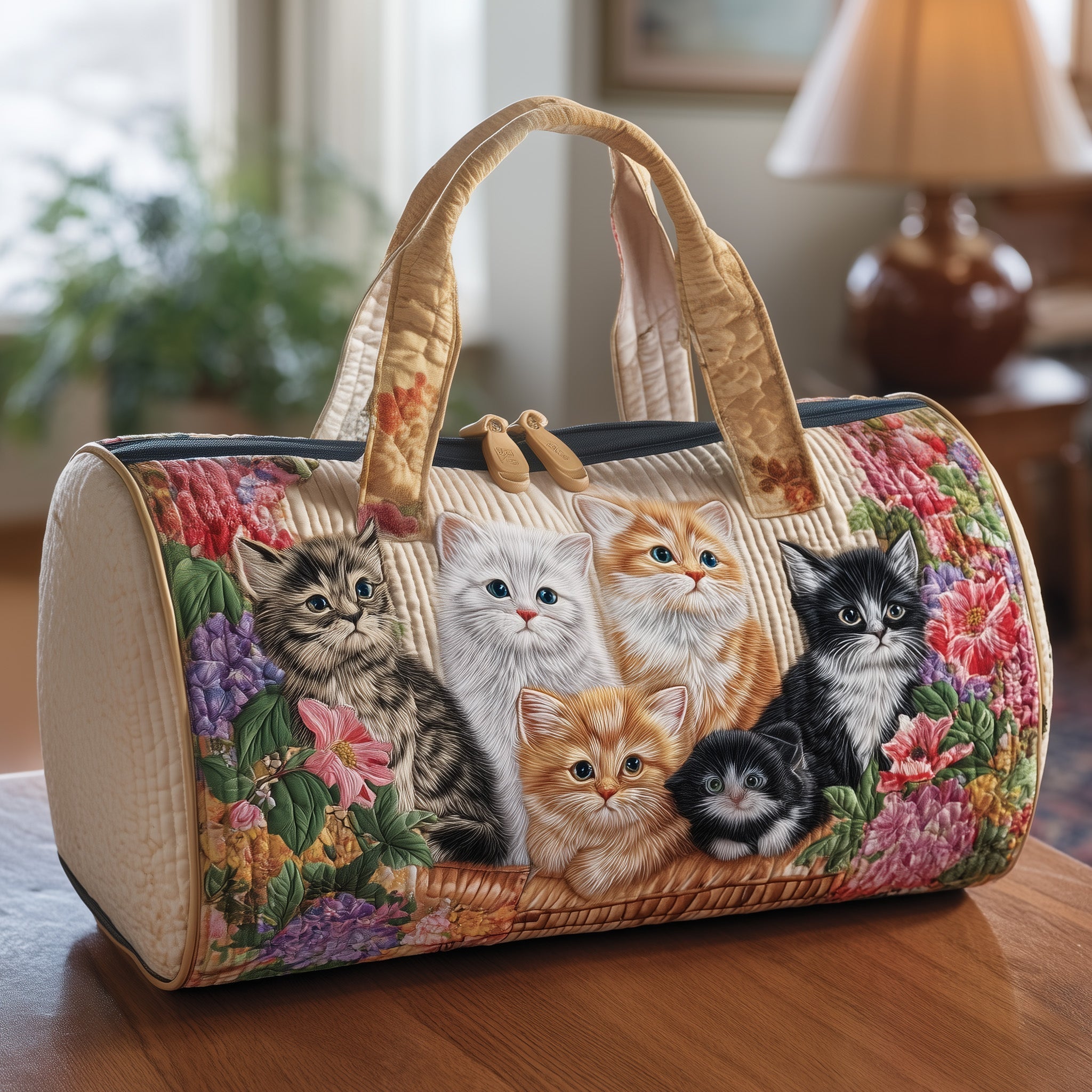 Vintage Meow Bouquet Quilted Duffle Bag Best Duffle Bags Cute Gifts For Cat Lovers