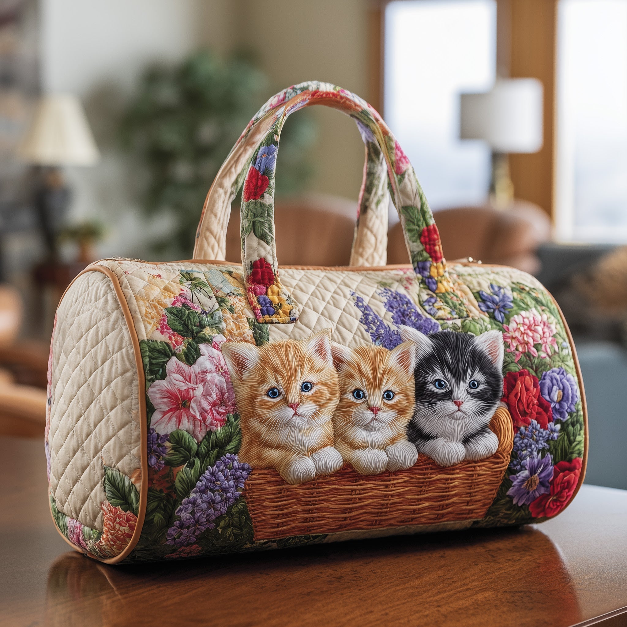 Vintage Meow Bouquet Quilted Duffle Bag Travel Duffle Bags For Women Cat Items For Cat Lovers