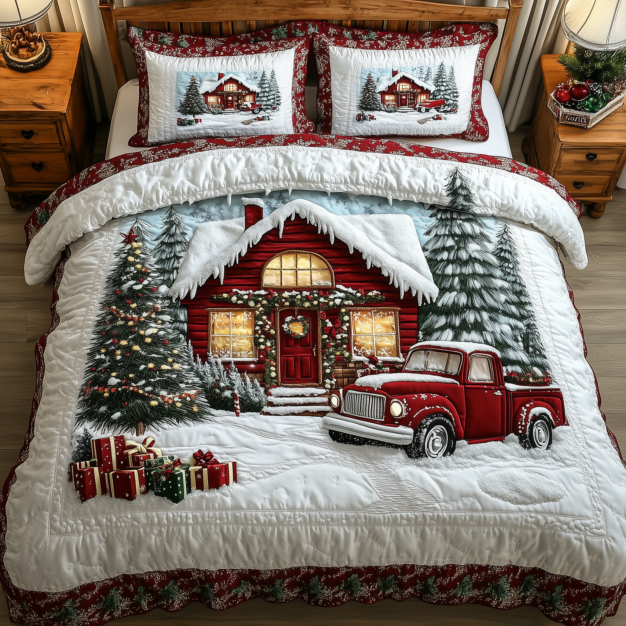Vintage Red Truck And Cabin Quilted Bedding Set Xmas Bedroom Christmas Gifts For Husband