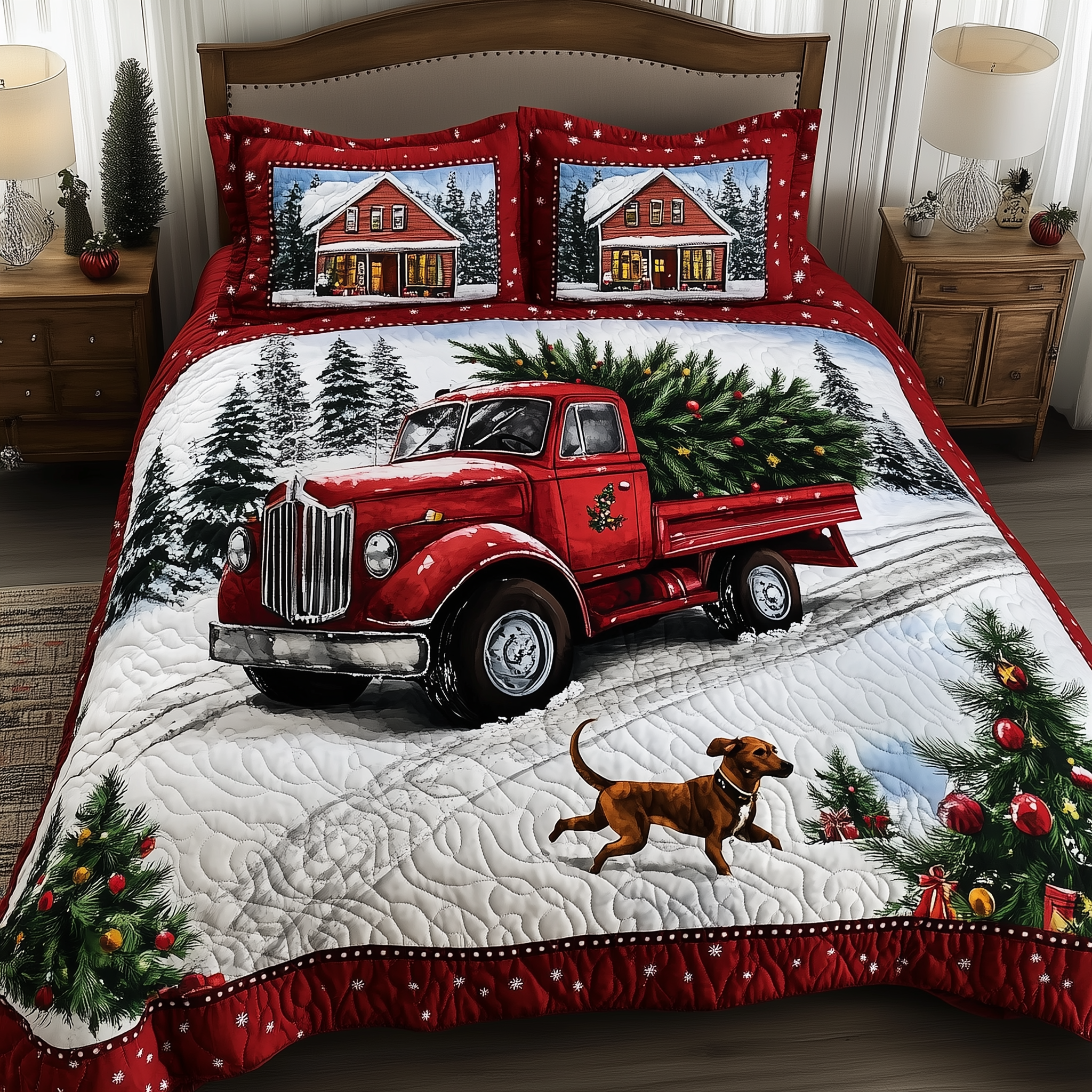 Vintage Red Truck Quilted Bedding Set Christmas Bed Covers Christmas Presents For Wife