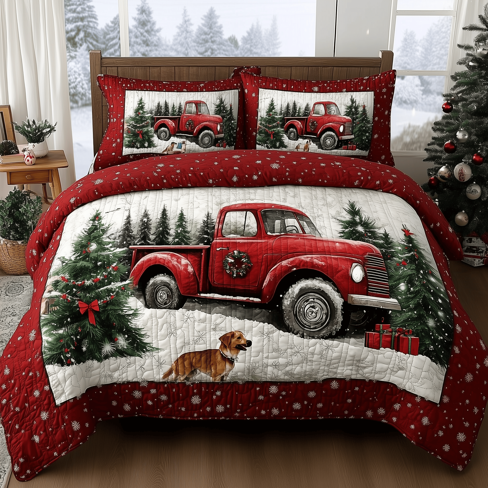 Vintage Red Truck Quilted Bedding Set Christmas Bed Spread Best Christmas Gifts For Mom