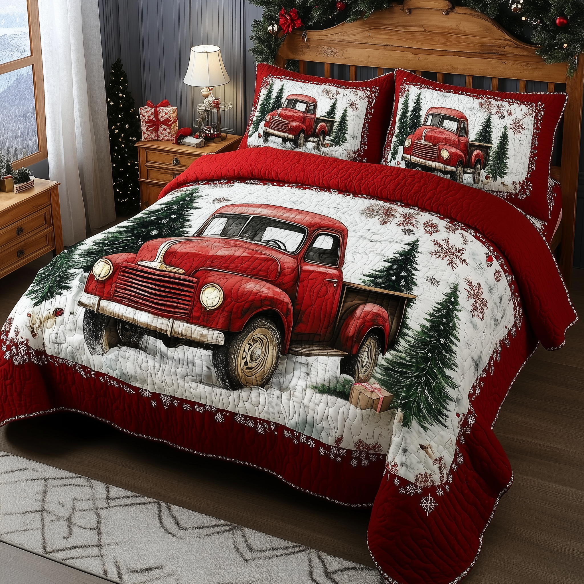 Vintage Red Truck Quilted Bedding Set Christmas Bedding On Sale Christmas Gifts For Grandma