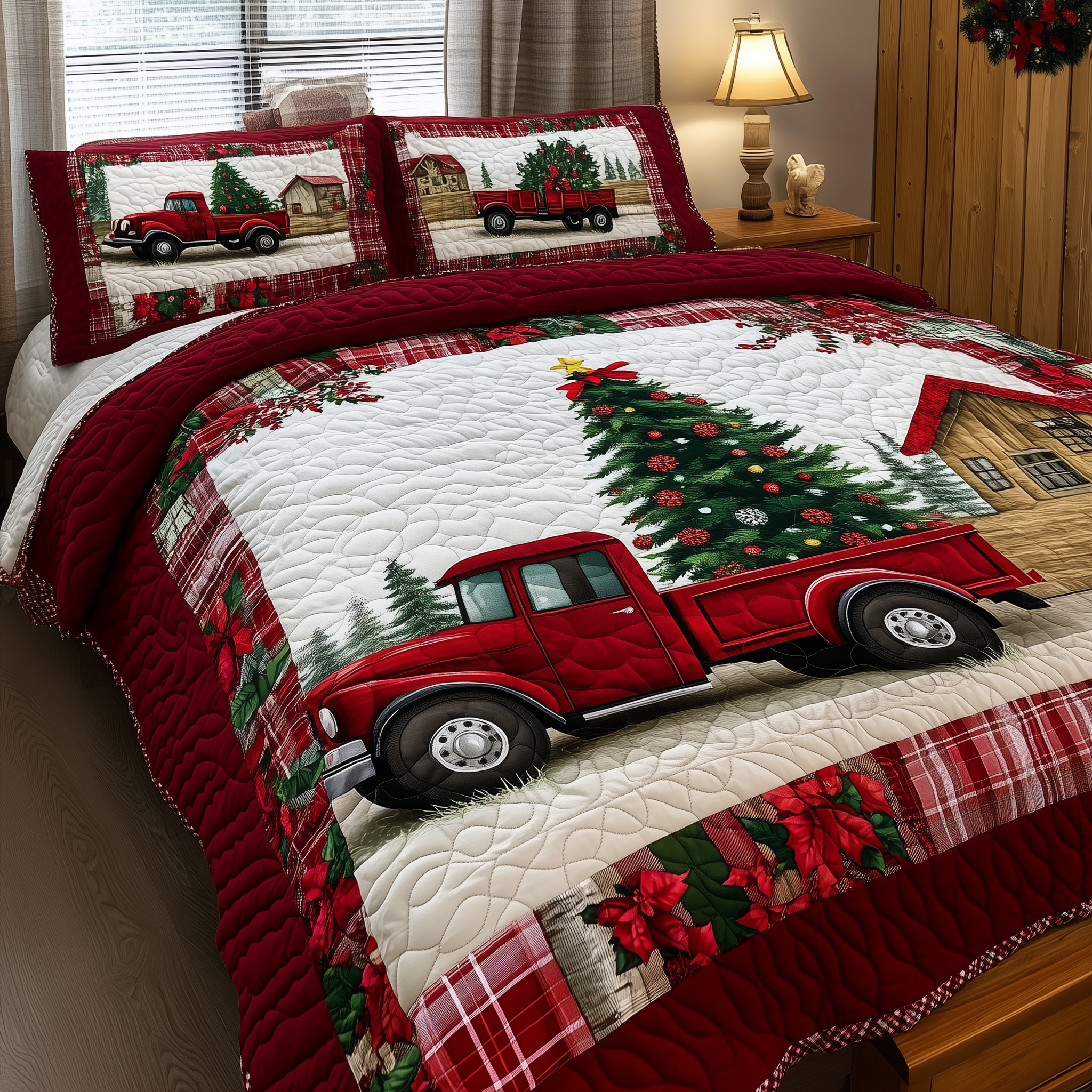 Vintage Red Truck Quilted Bedding Set Christmas Bedding Queen Christmas Presents For Girlfriend