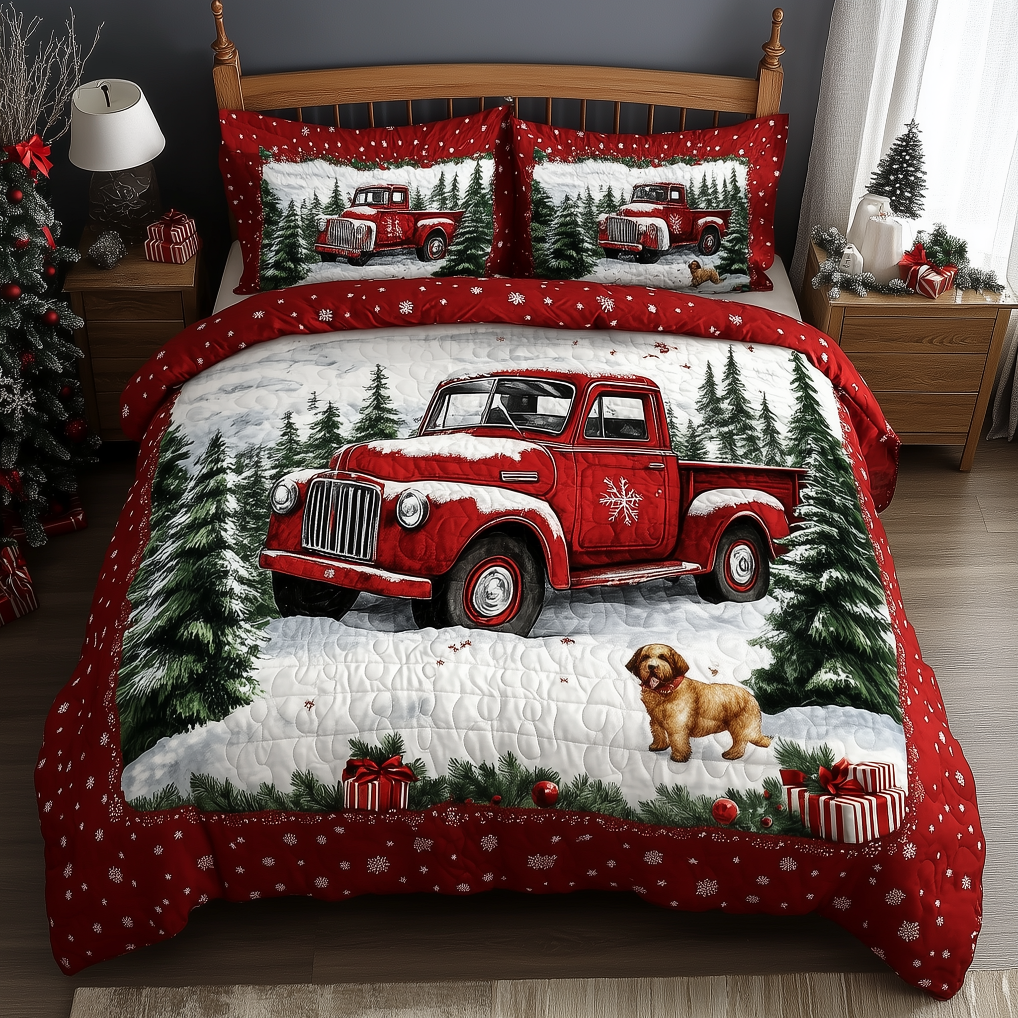 Vintage Red Truck Quilted Bedding Set Christmas Comforter Queen Christmas Presents For Mom