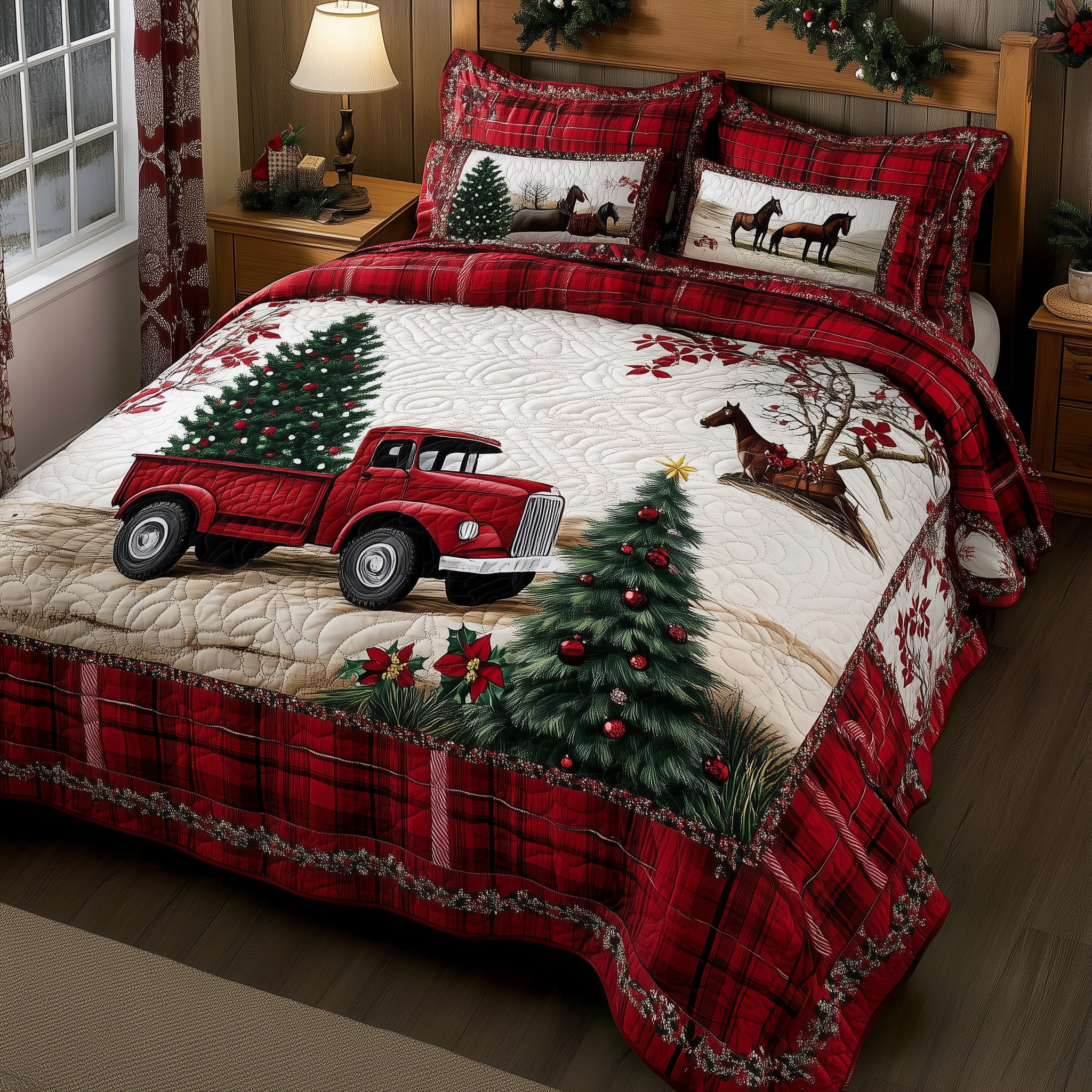 Vintage Red Truck Quilted Bedding Set Christmas Sheets King Christmas Presents For Her