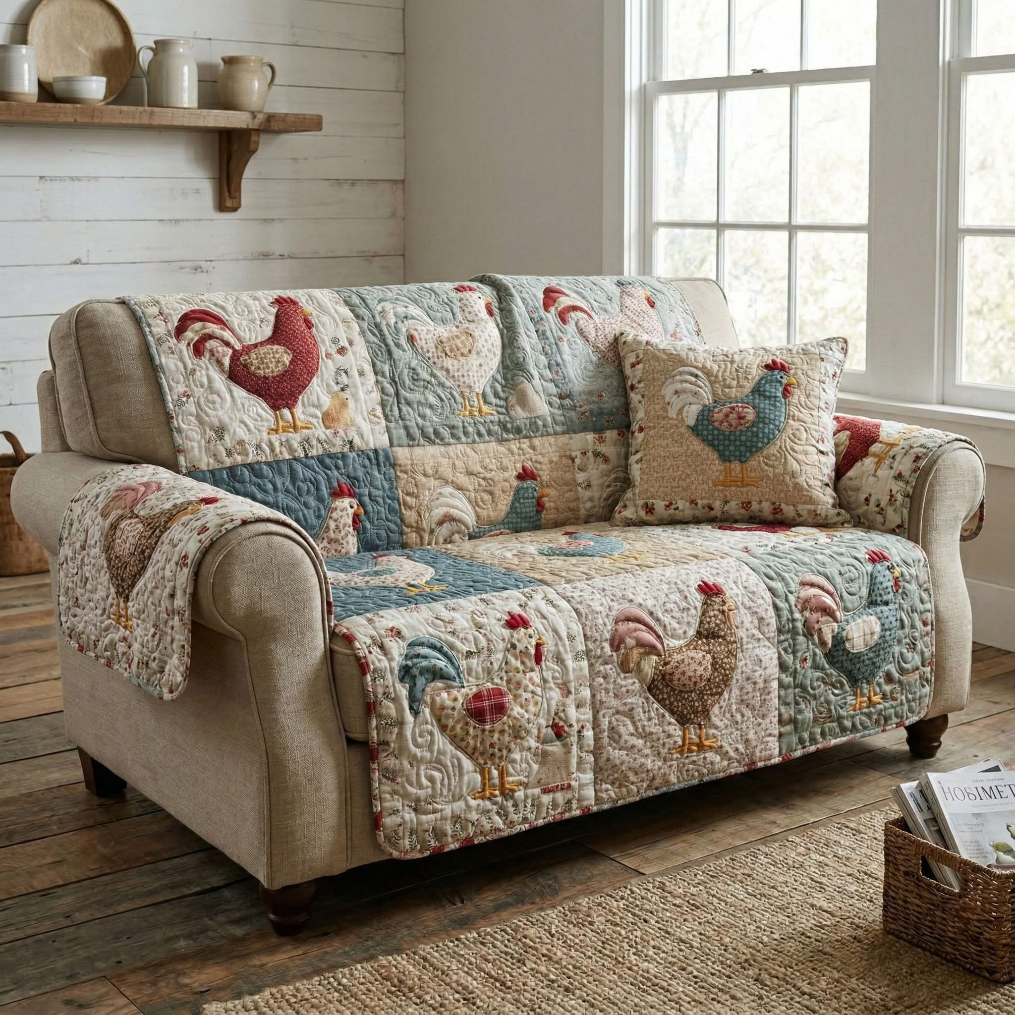 Vintage Rooster Garden Quilted Sofa Cover Furniture Covers For Sofas Mother's Day Gifts
