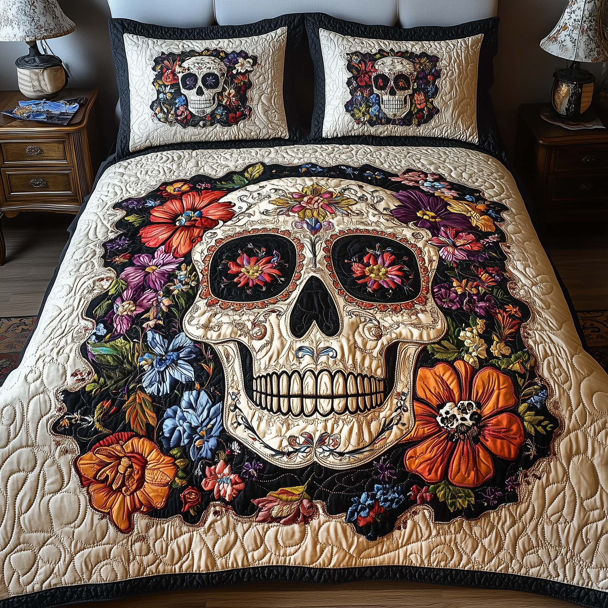 Vintage Skull Quilted Bedding Set Bedsheet Comforter Set Skull Items For Gifts