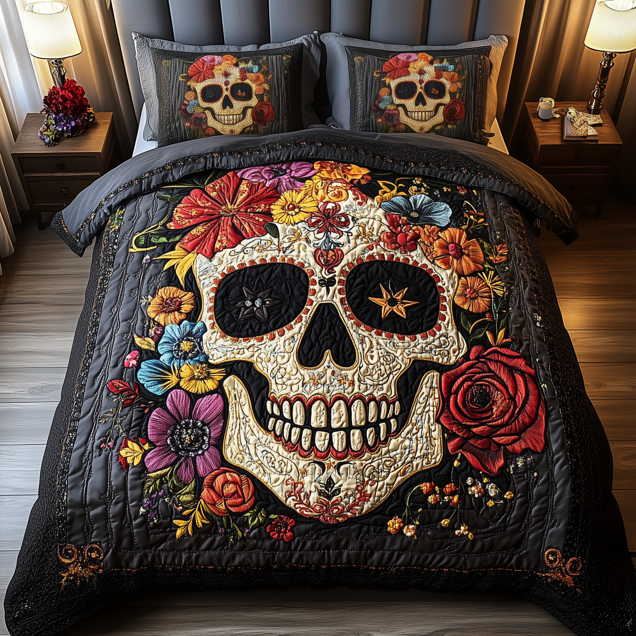Vintage Skull Quilted Bedding Set Comforter And Sheet Sets Gifts For Skull Lovers