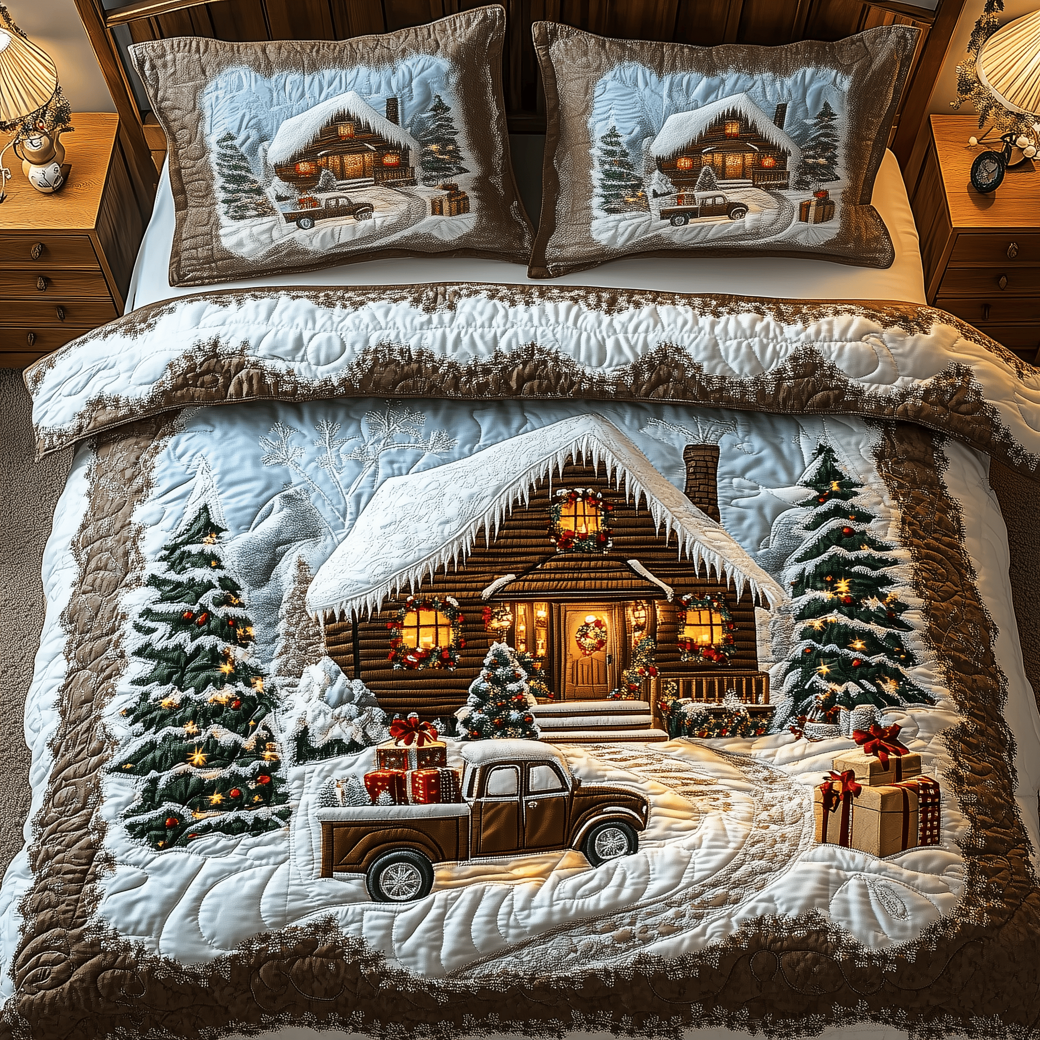 Vintage Snow Cabin Quilted Bedding Set Christmas Duvet Cover Set Christmas Gifts For Married Couples