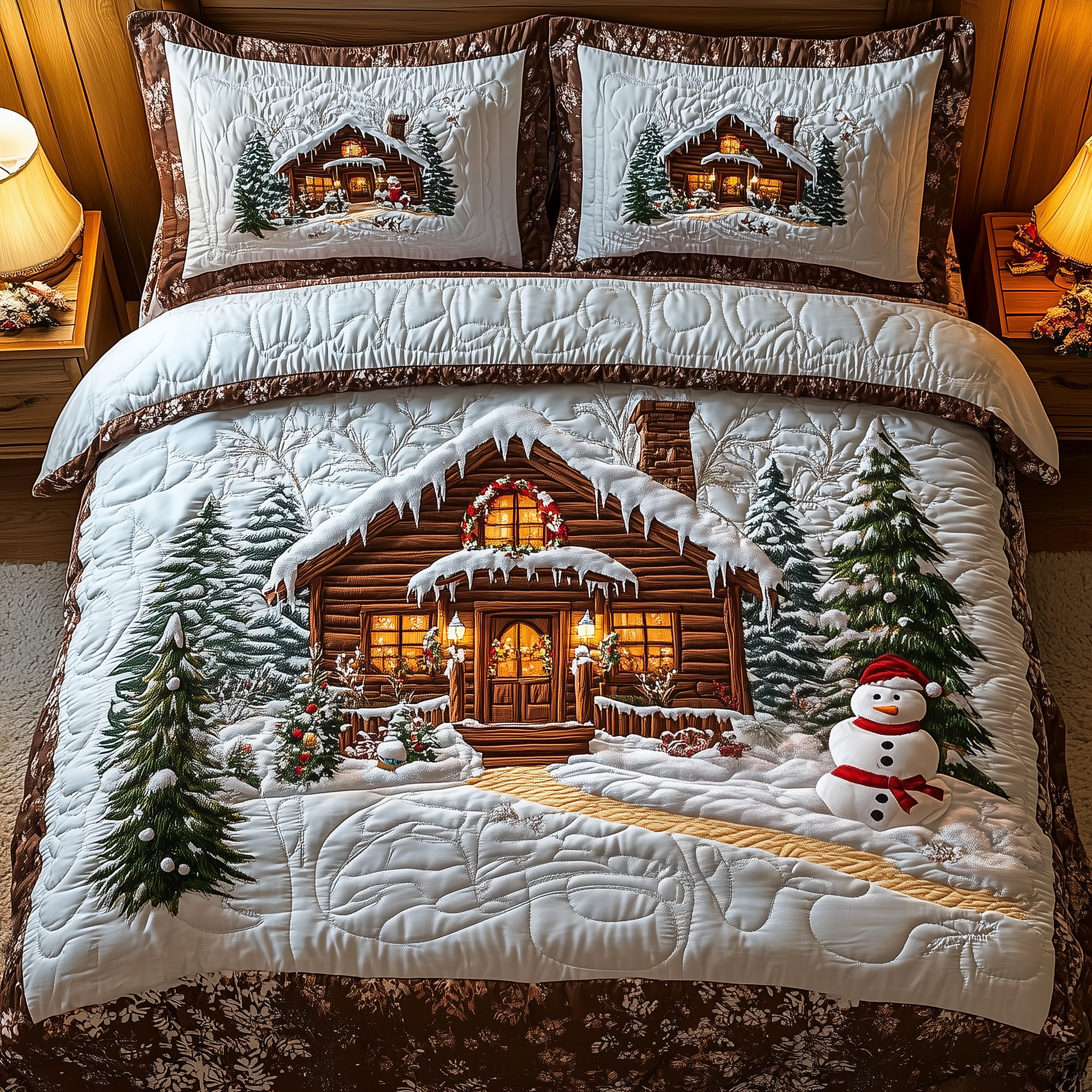 Vintage Snow Cabin Quilted Bedding Set Xmas Comforter Sets Xmas Gifts For Couples