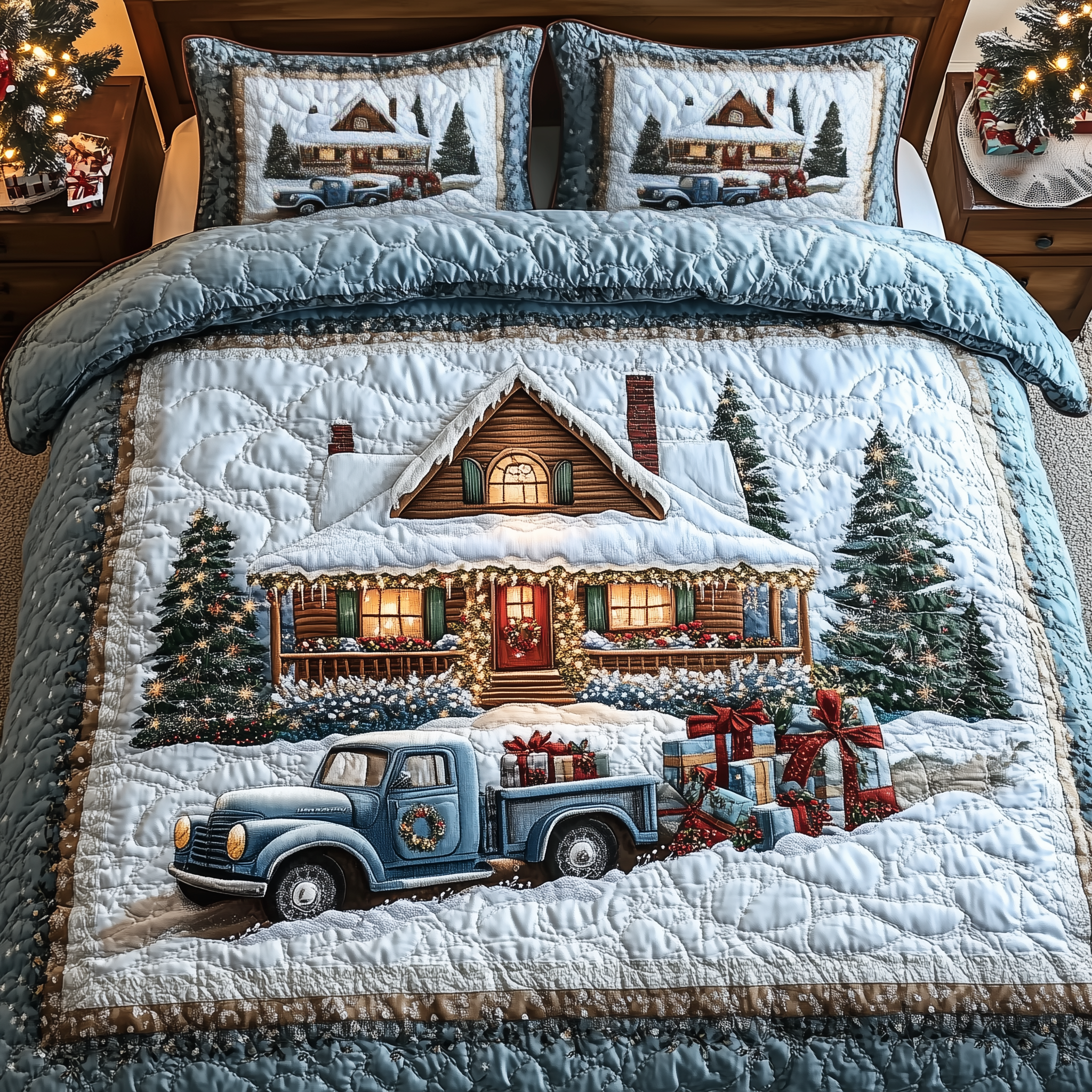 Vintage Snow Cabin Quilted Bedding Set Xmas Duvet Christmas Ideas For Couples