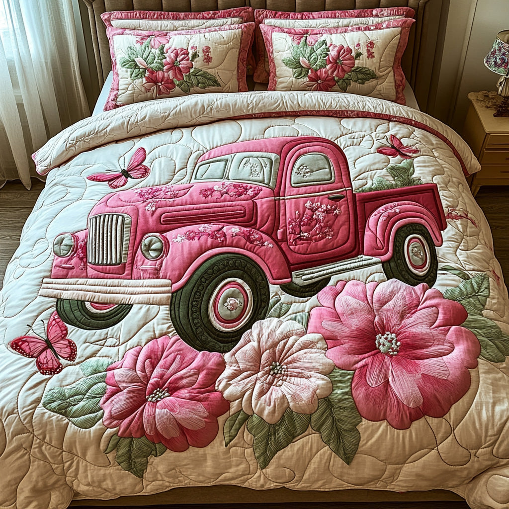 Vintage Spring Pink Truck Quilted Bedding Set Good Bed Sheet Sets Present For Your Mom