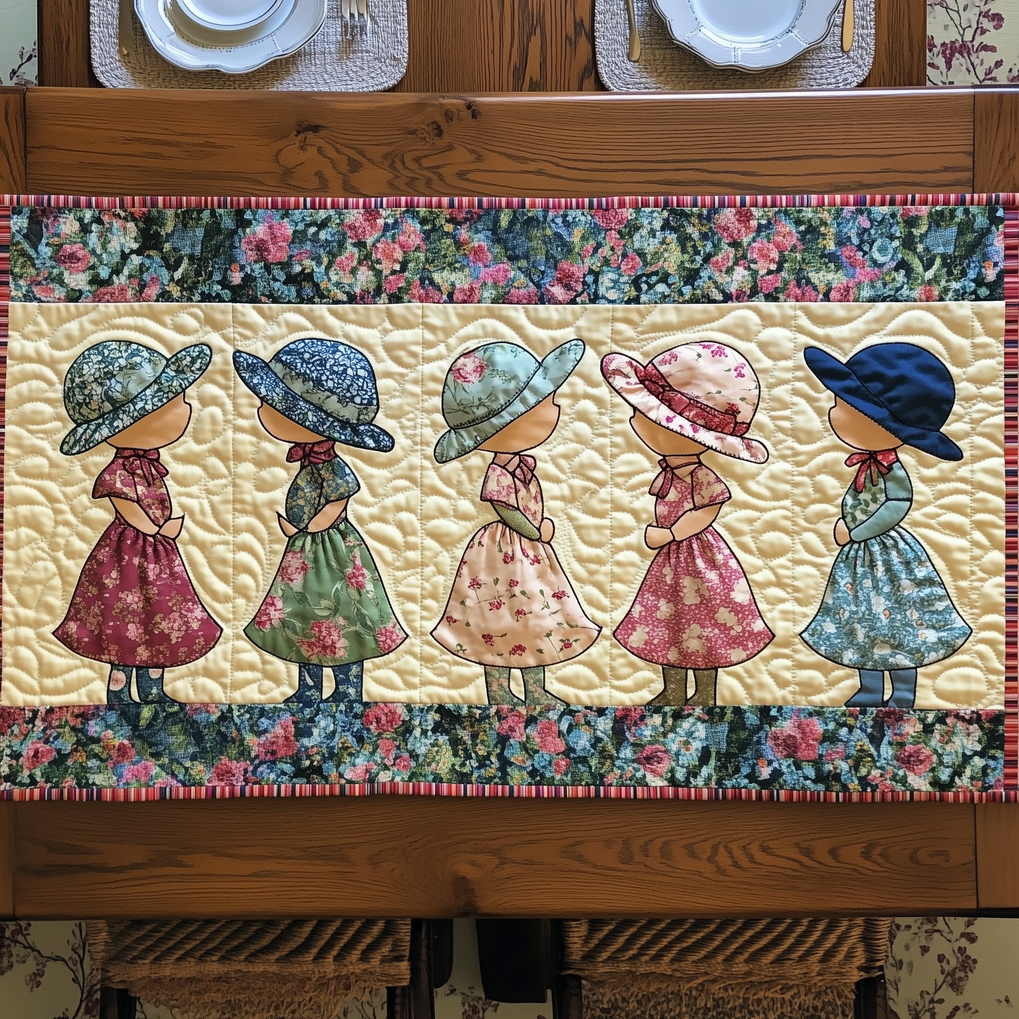 Vintage Sunbonnet Sue Quilted Table Runner 4th Of July Centerpiece Ideas Patriotic Gifts For Veterans