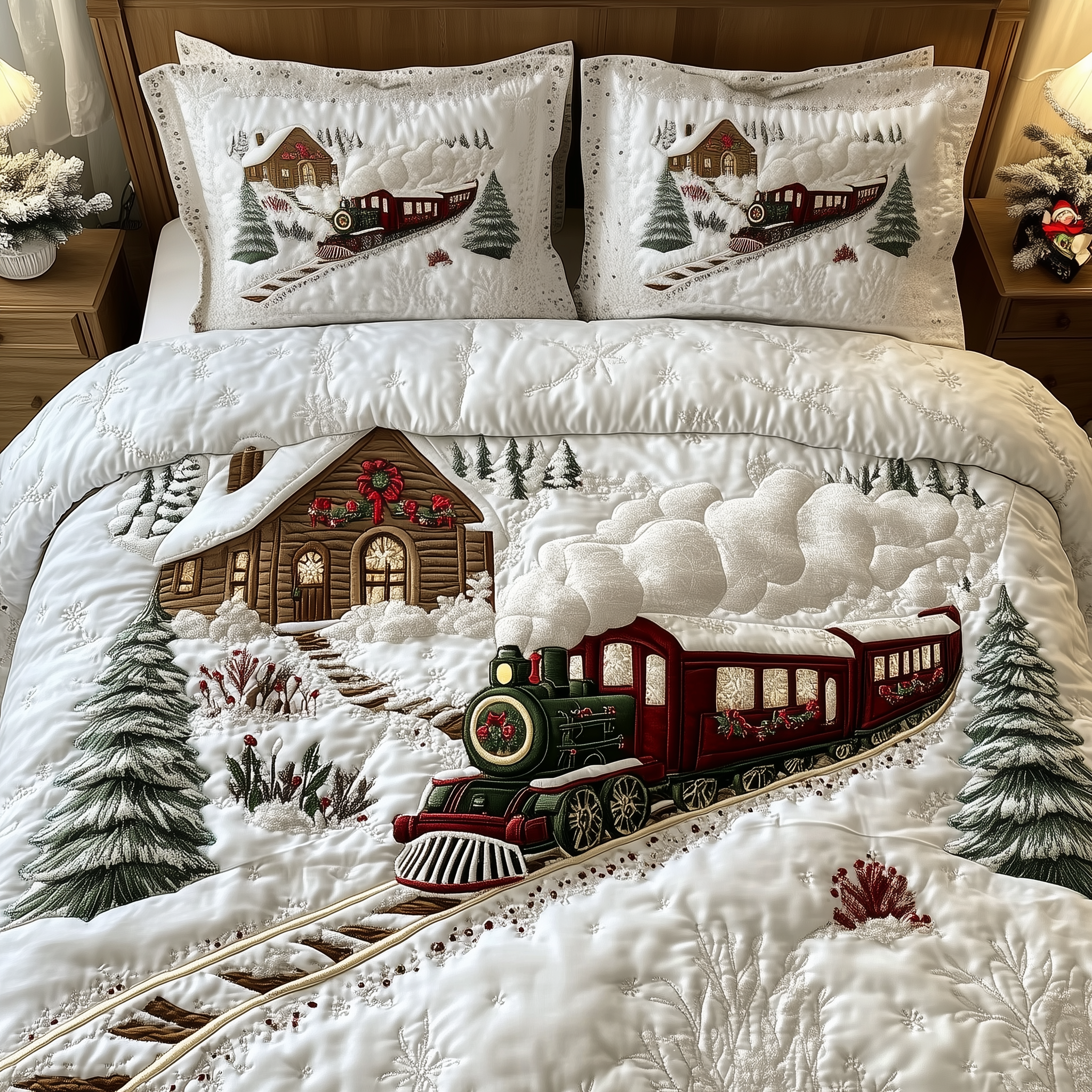 Vintage Train to Snowy Wonderland Quilted Bedding Set Cozy Christmas Bedrooms Train Presents