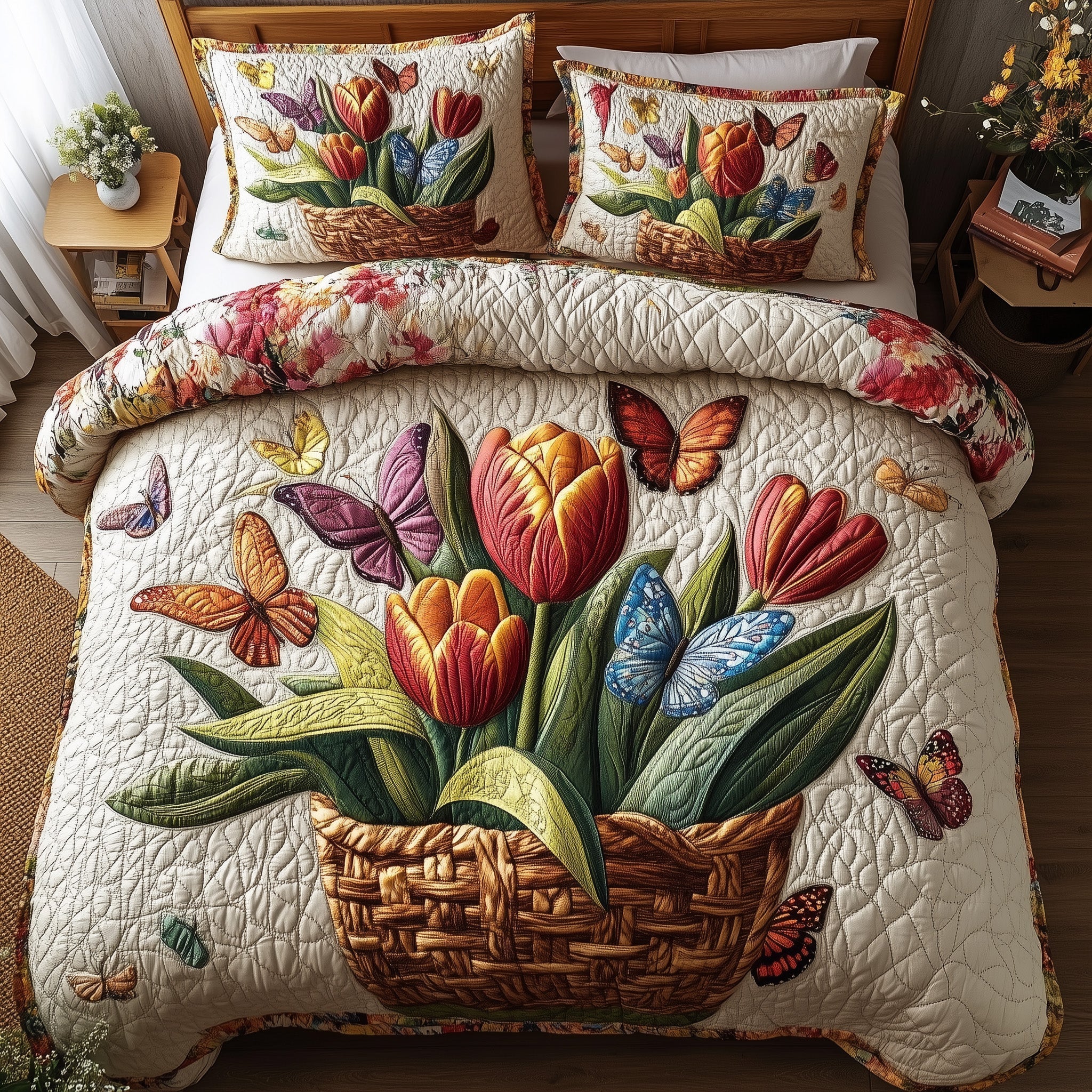 Vintage Tulips Quilted Bedding Set Cozy Bedroom Ideas Last Minute Mothers Day Gifts