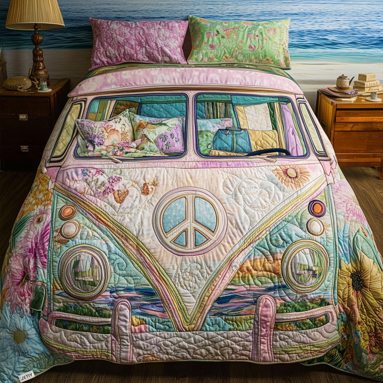 Vintage Van Escape Quilted Bedding Set Unique Bed Sheet Set Hippie Gift Ideas