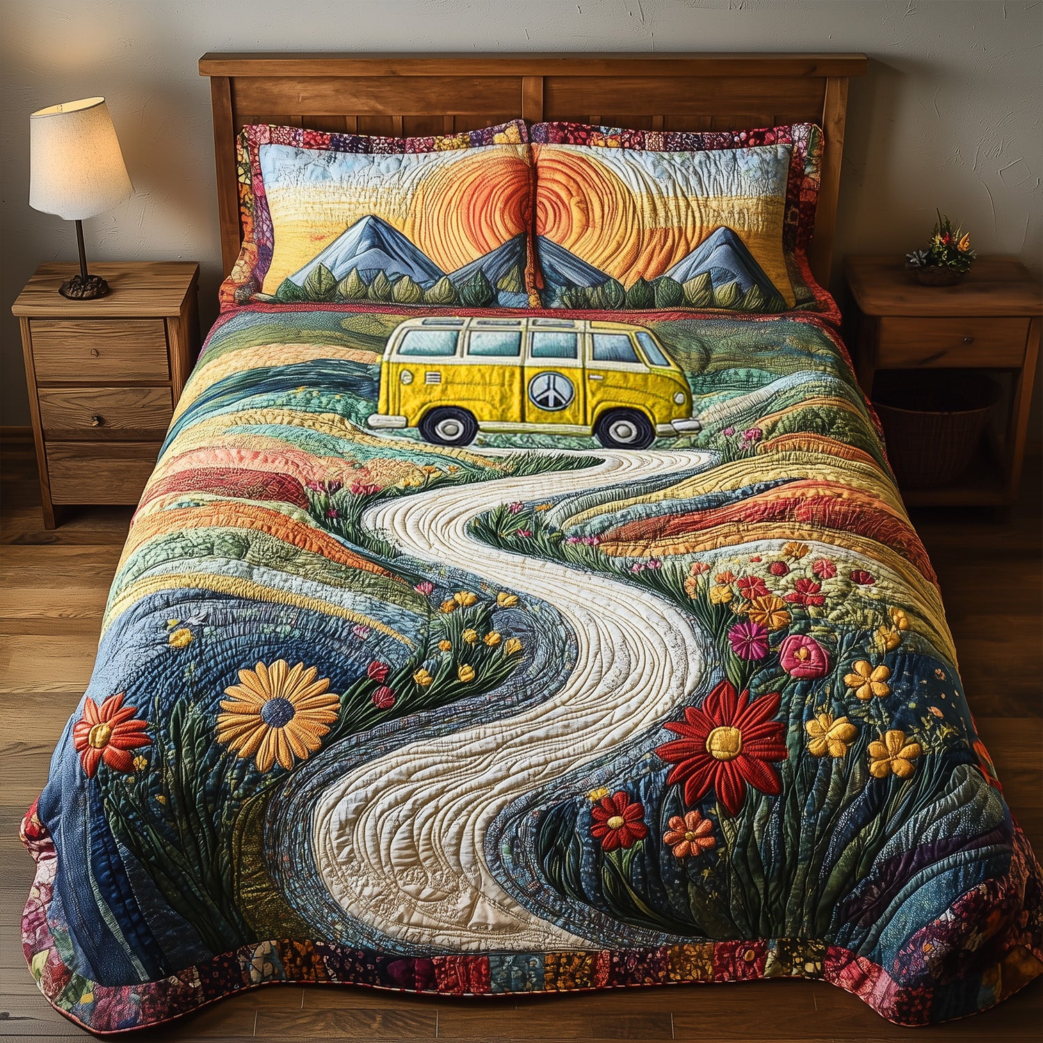 Vintage Wanderlust V2 Quilted Bedding Set Best Comforter Sets Hippie Gifts For Him