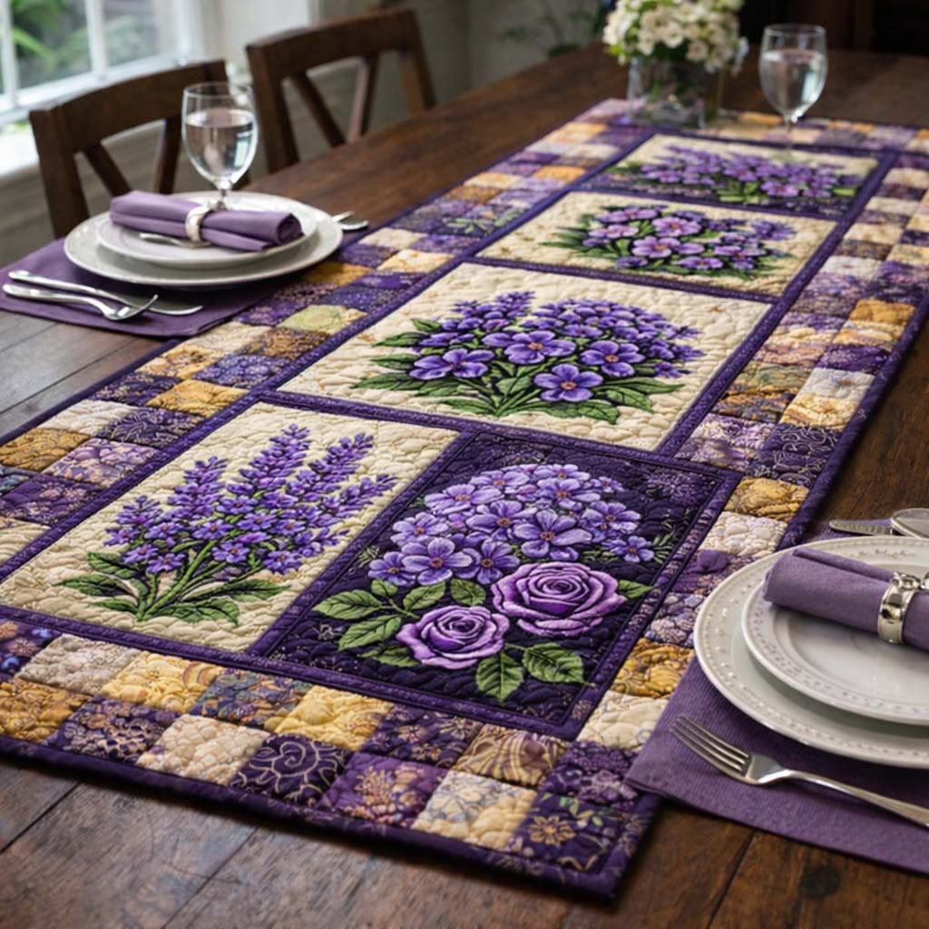 Violet Garden Patchwork Quilted Table Runner Dining Table Decor Good Mothers Day Gifts