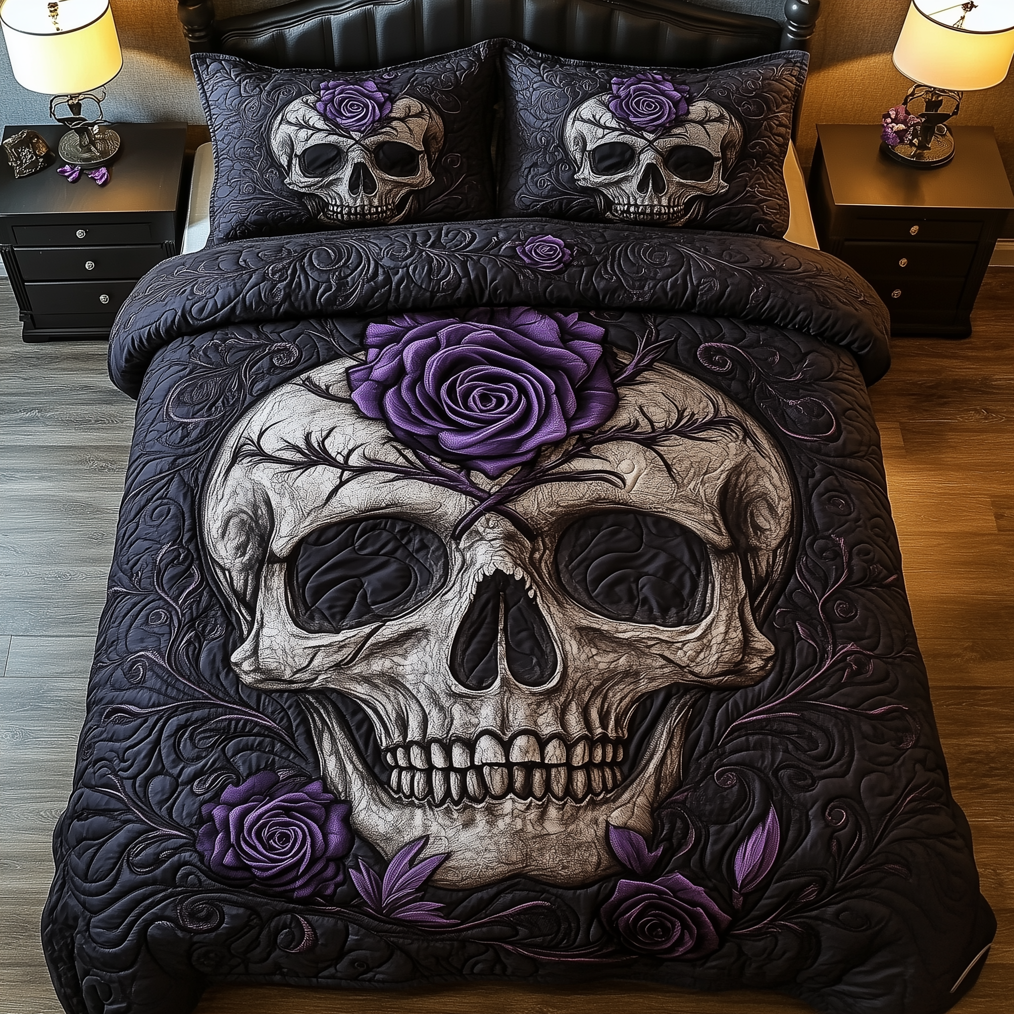 Violet Rose Skull Quilted Bedding Set Best King Sheet Set Cool Skull Gifts