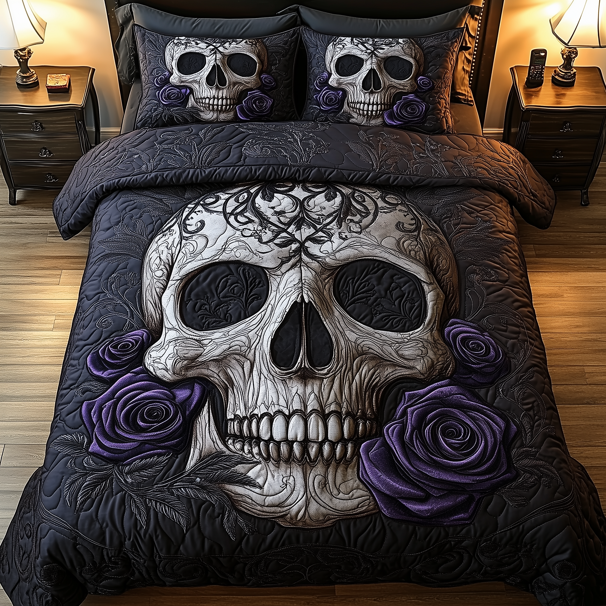 Violet Rose Skull Quilted Bedding Set Good Sheet Sets Cool Skull Gifts For Her