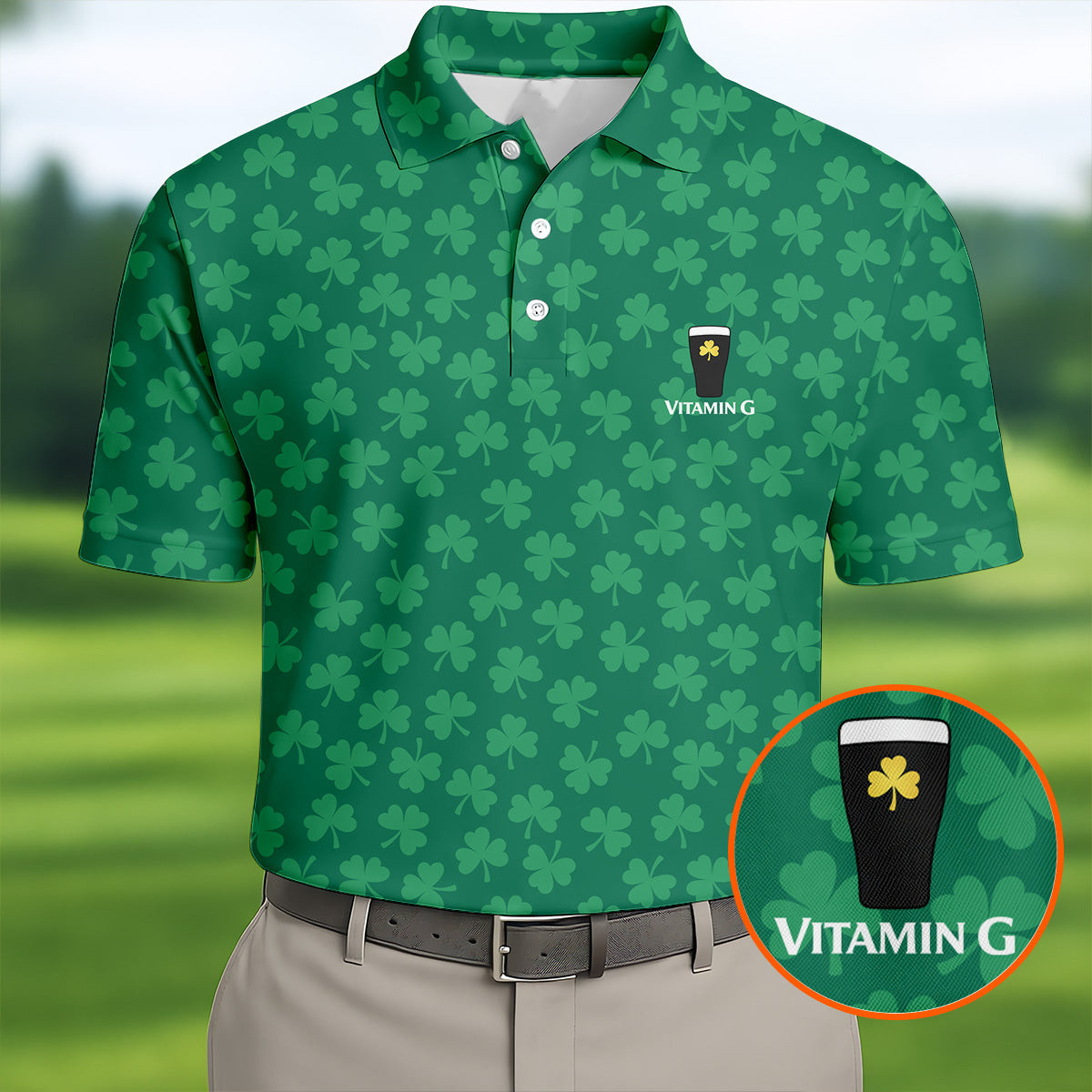 Vitamin G Shamrock Pattern Golf And Beer Polo Shirt St Patrick's Day Golf Shirt Gift For Men