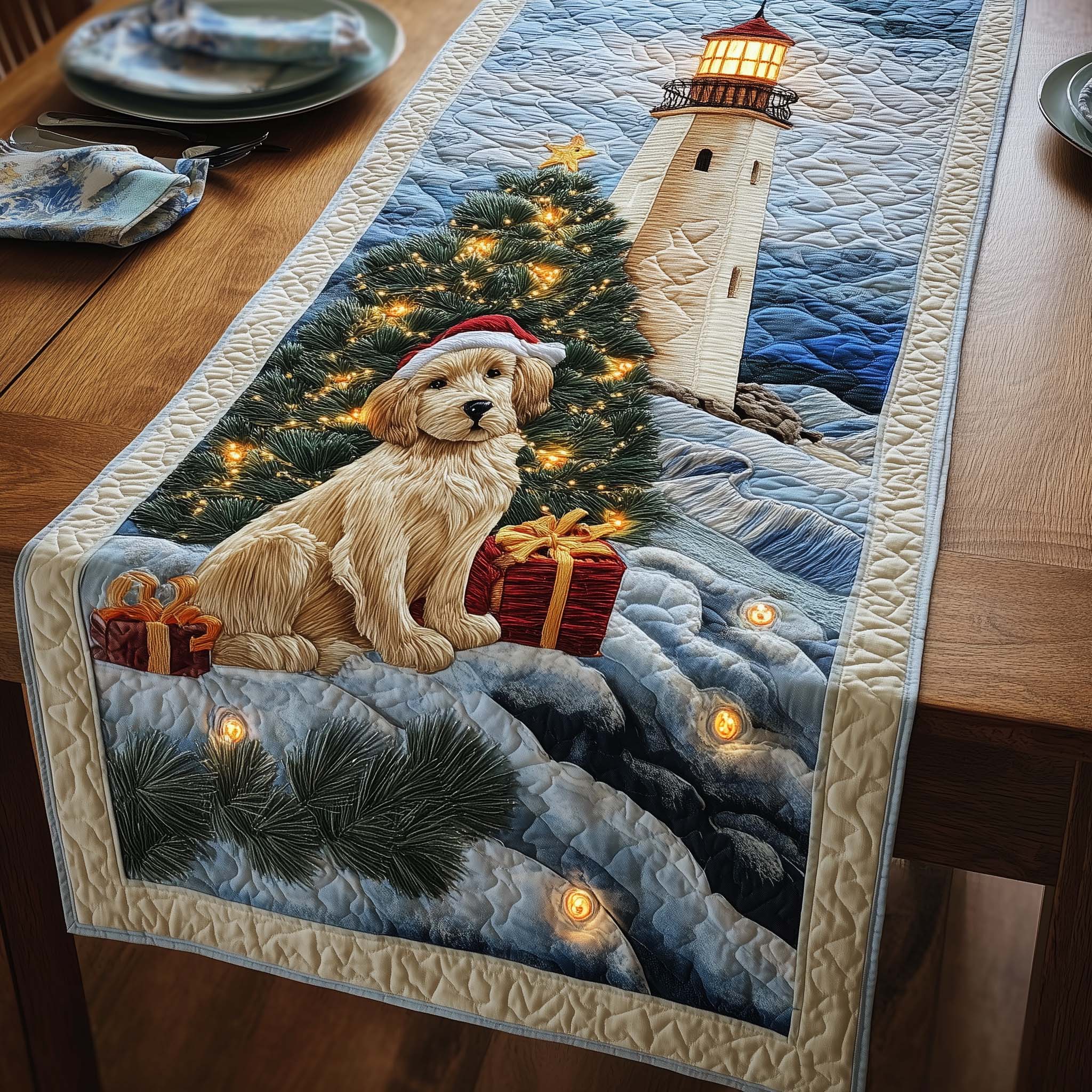 Waiting Puppy Quilted Table Runner Christmas Dining Table Runner Gift Ideas For Men Who Have Everything