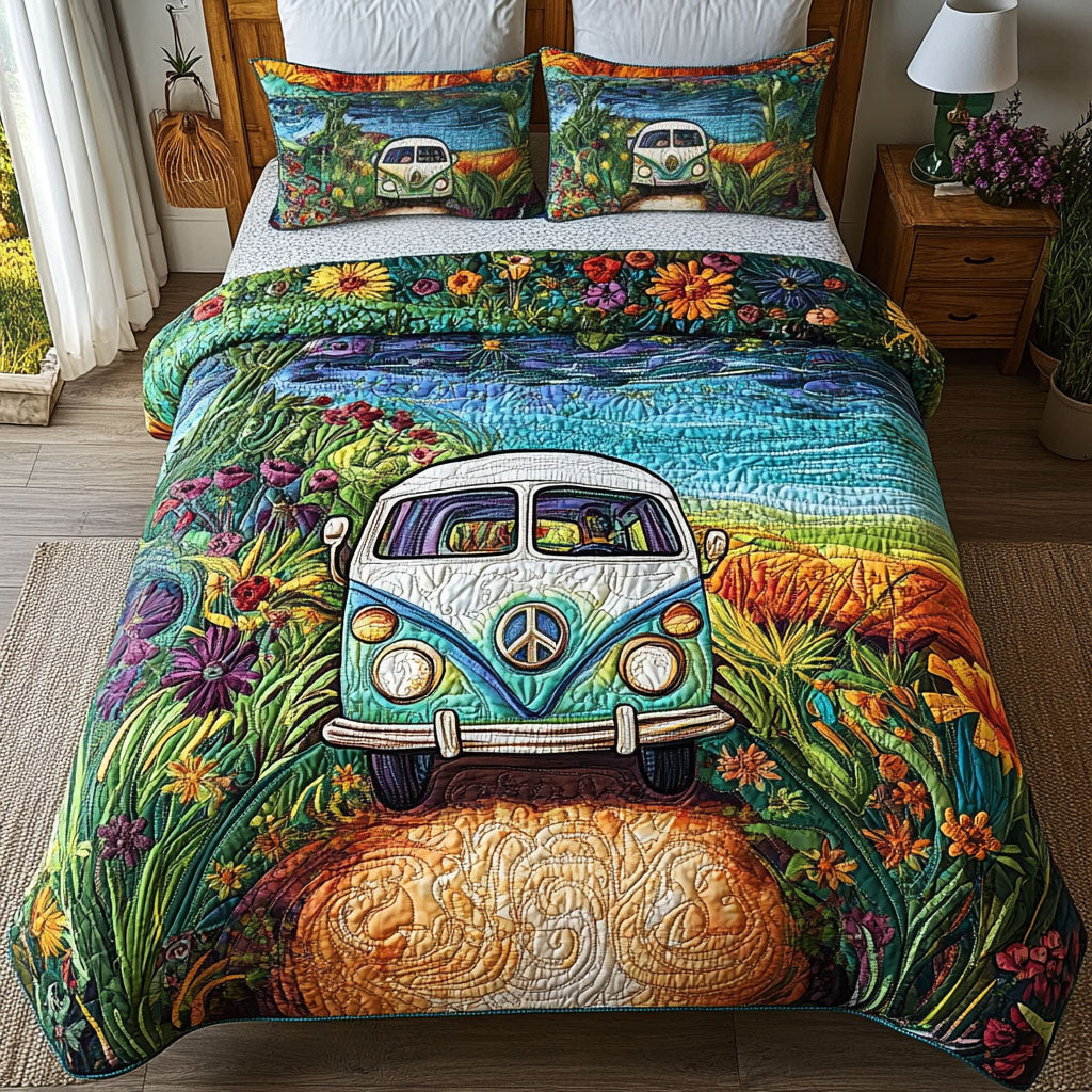 Wanderlust Van Quilted Bedding Set Cozy Bedroom Decor Unique Gifts For Hippies