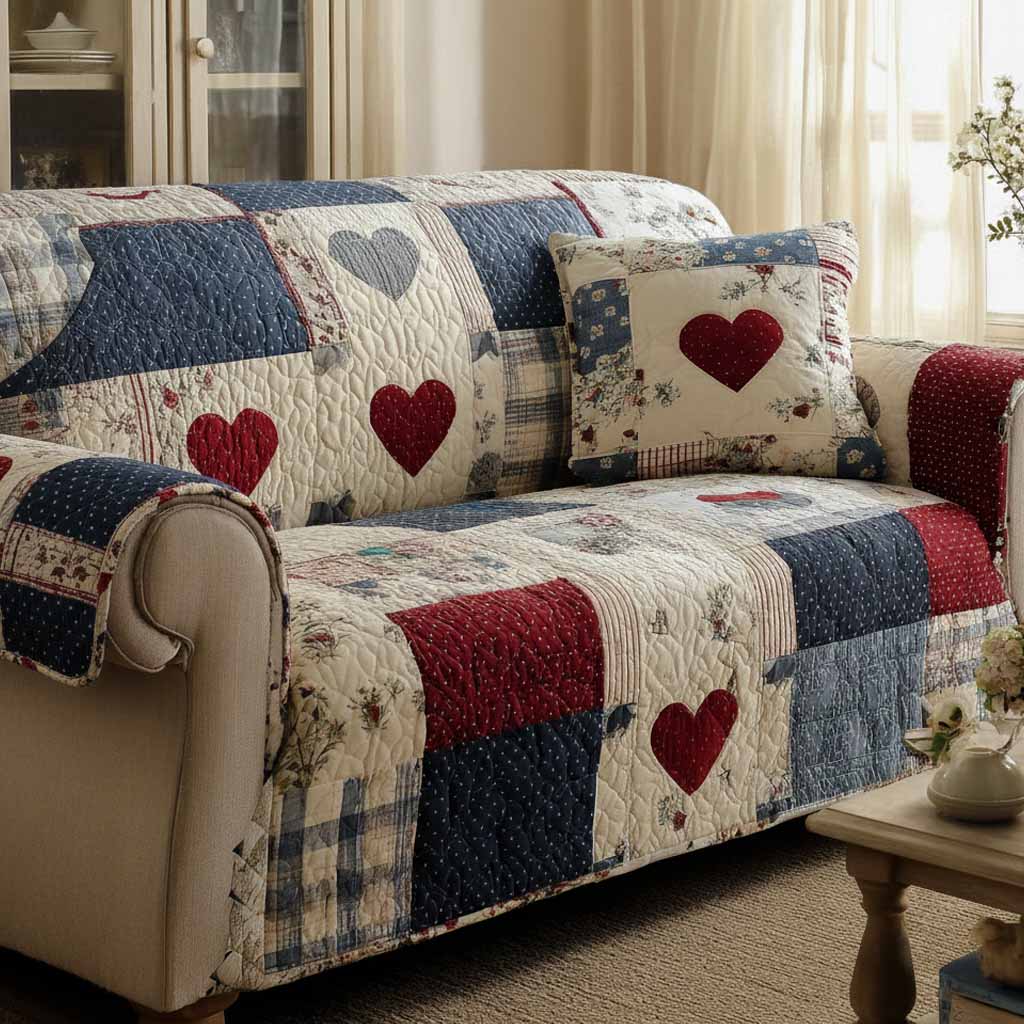 Warm Hearts Quilted Sofa Cover Furniture Slipcovers Patriotic Novelty Items