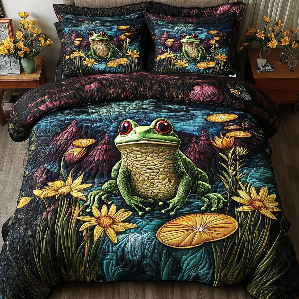 Water Whispers Quilted Bedding Set Aesthetic Room Decor Cute Frog Themed Gifts