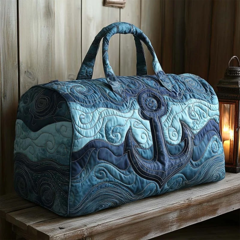 Waves and Anchor Art Print Quilted Duffle Bag Best Ocean-Inspired Travel Bag Gift For Mom