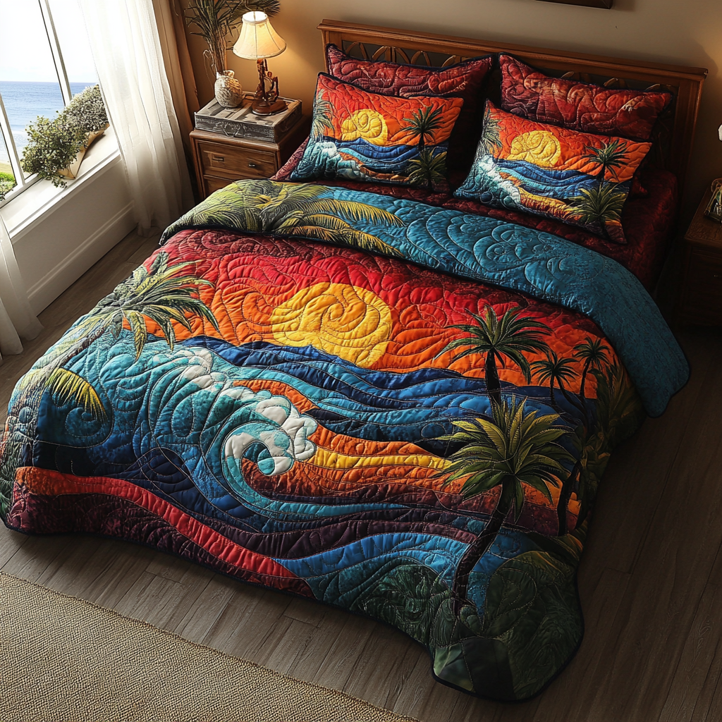 Waves Wanderlust Quilted Bedding Set Cute Bed Sheets Best Gifts For Beach Lovers