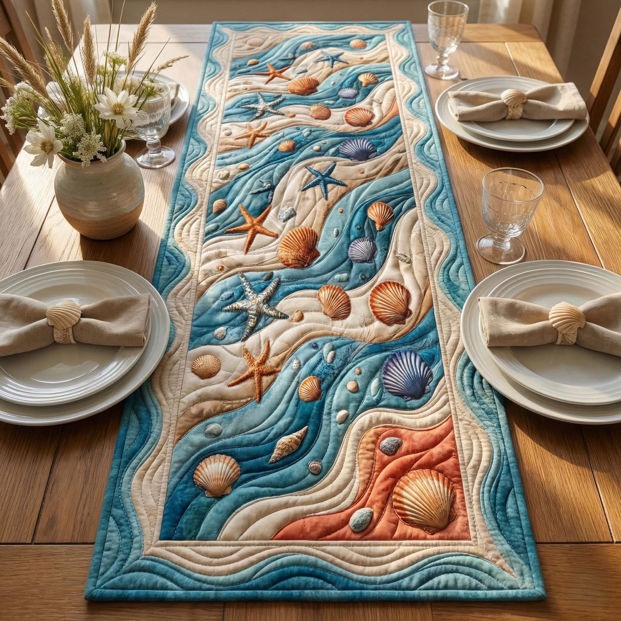 Wavy Seashell Quilted Table Runner Dining Room Decor Cool Gifts For Dad