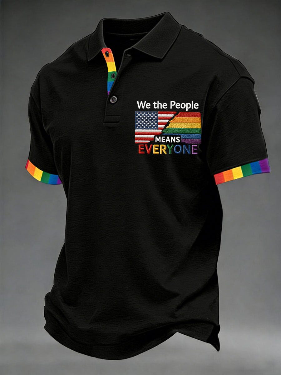 We The People Means Everyone Polo Shirt Patriotic Rainbow Heart Gift For LGBTQ Teachers - Image 2