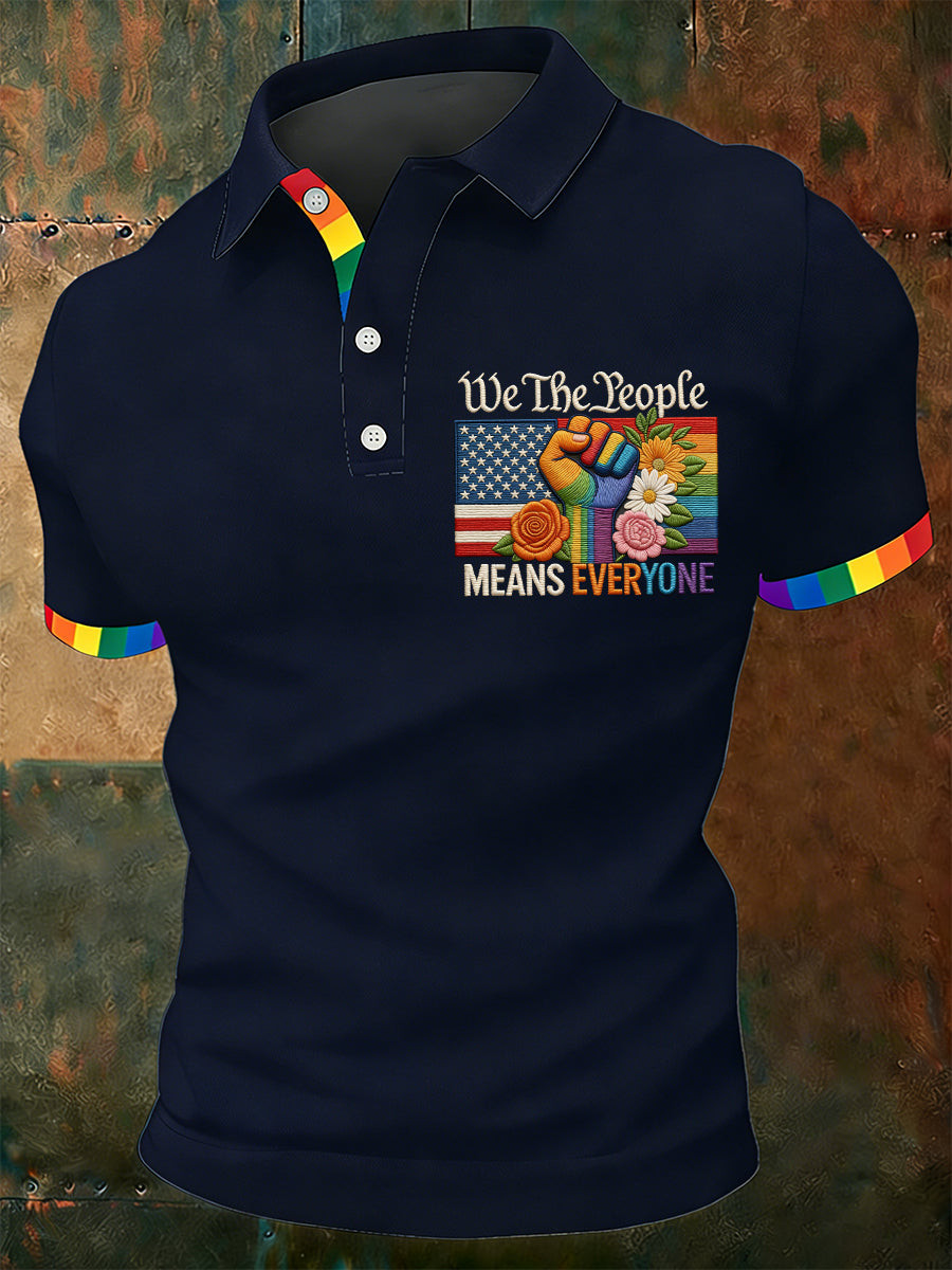 We The People Means Everyone Polo Shirt Rainbow Fist American Flag Pride Gift For LGBTQ Allies