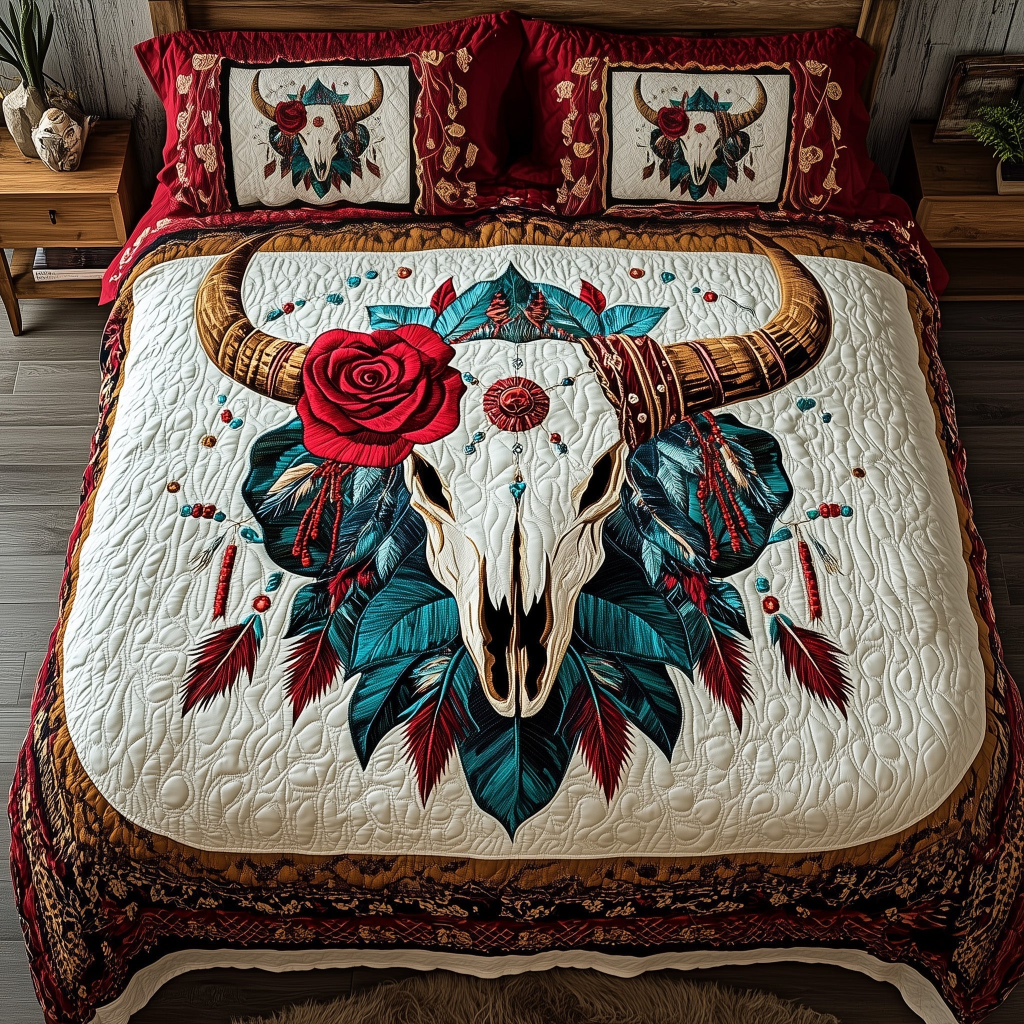 Western Longhorn Soul Quilted Bedding Set Bed Room Decoration Best Native American Gifts